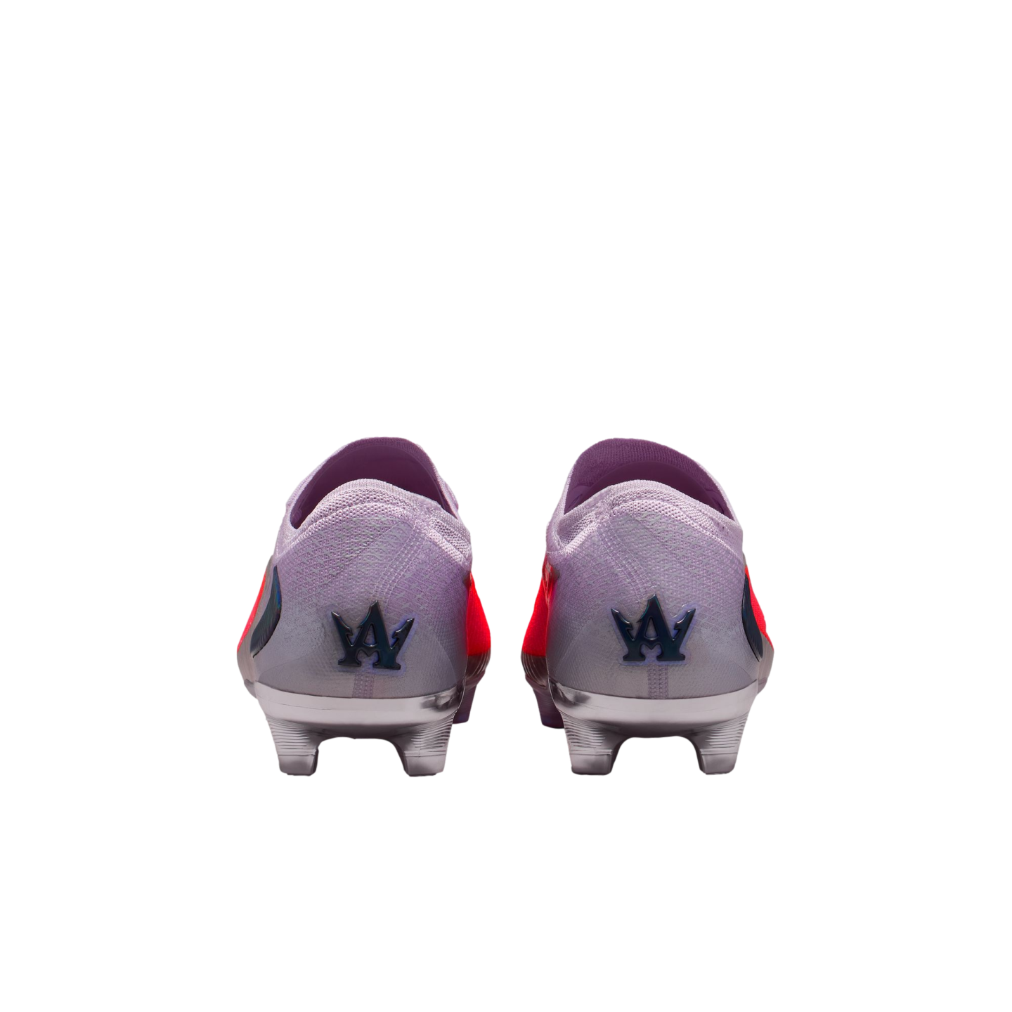 Rear view of lavender soccer cleats with metallic silver soles and a blue stylized logo on each heel, shown against a black background.
