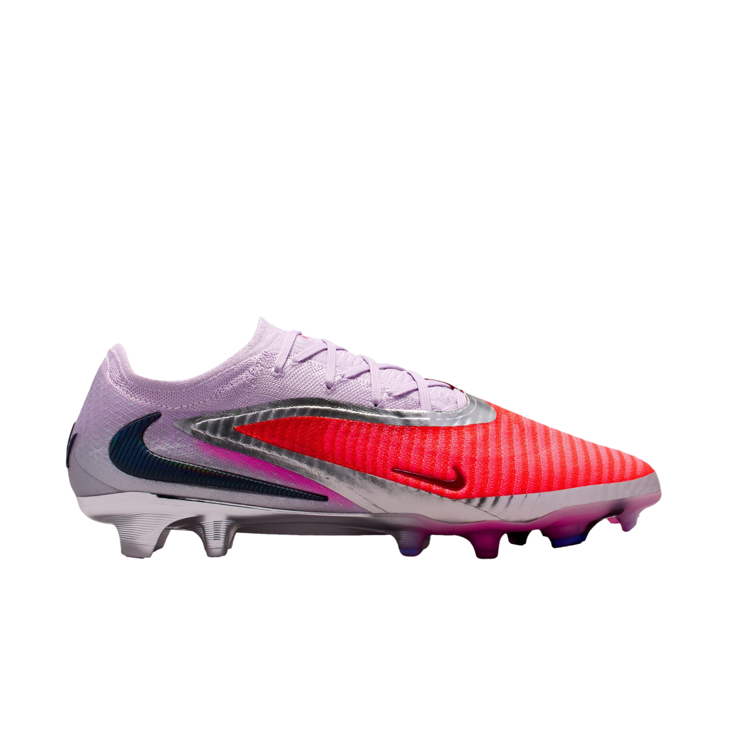 Side profile of a Nike soccer cleat featuring a light purple heel, silver accents, and a bright red forefoot against a black background.