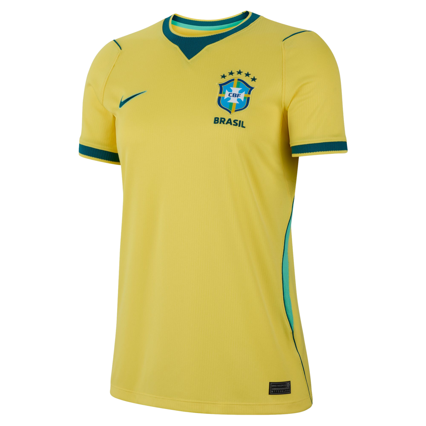A yellow Nike Brazil soccer jersey with green and blue trim. Features the CBF crest with five stars above the word "BRASIL" and a green Nike swoosh on the chest.