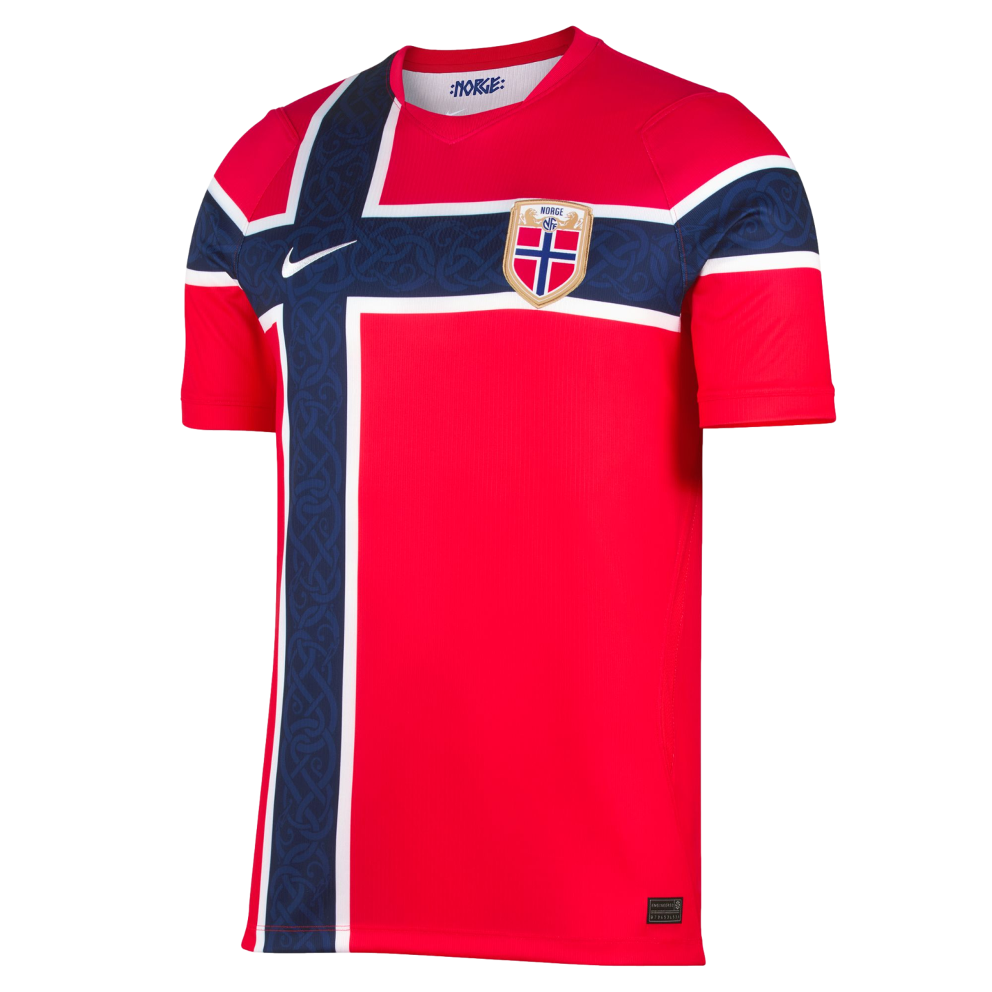 Red Norway home soccer jersey featuring a blue Nordic cross with subtle Viking knotwork, white borders, the national team crest, and a white Nike swoosh.