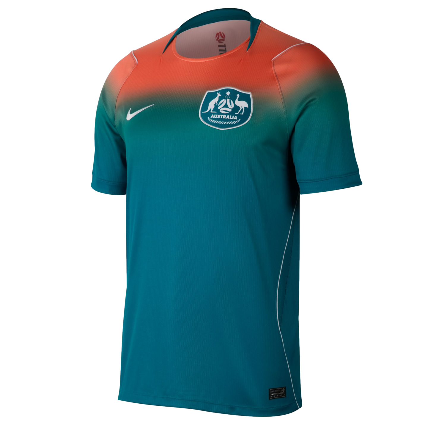 A Nike Australia soccer jersey featuring a bright orange to teal color gradient from the shoulders down. It displays the Australian national team crest on the left chest and a white Nike swoosh on the right.