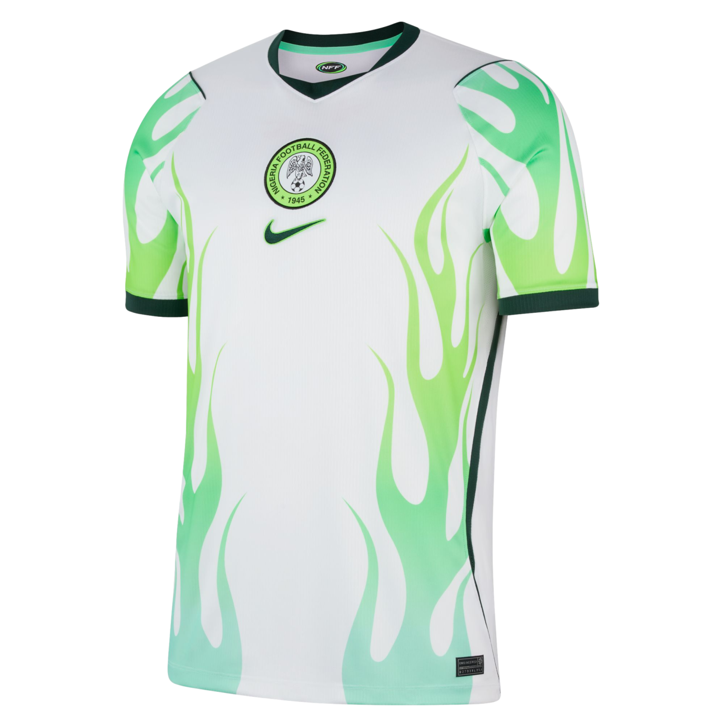 White Nike Nigeria home soccer jersey featuring light green flame patterns on the sides and sleeves with a centered team crest.