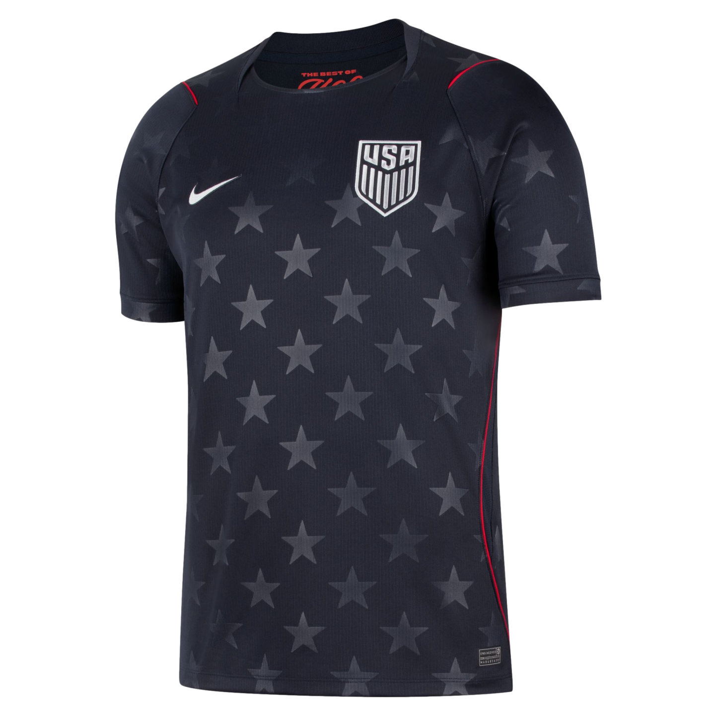 Black Nike USA soccer jersey with an all-over grey star pattern, featuring a central USA crest, white swoosh, and thin red trim.