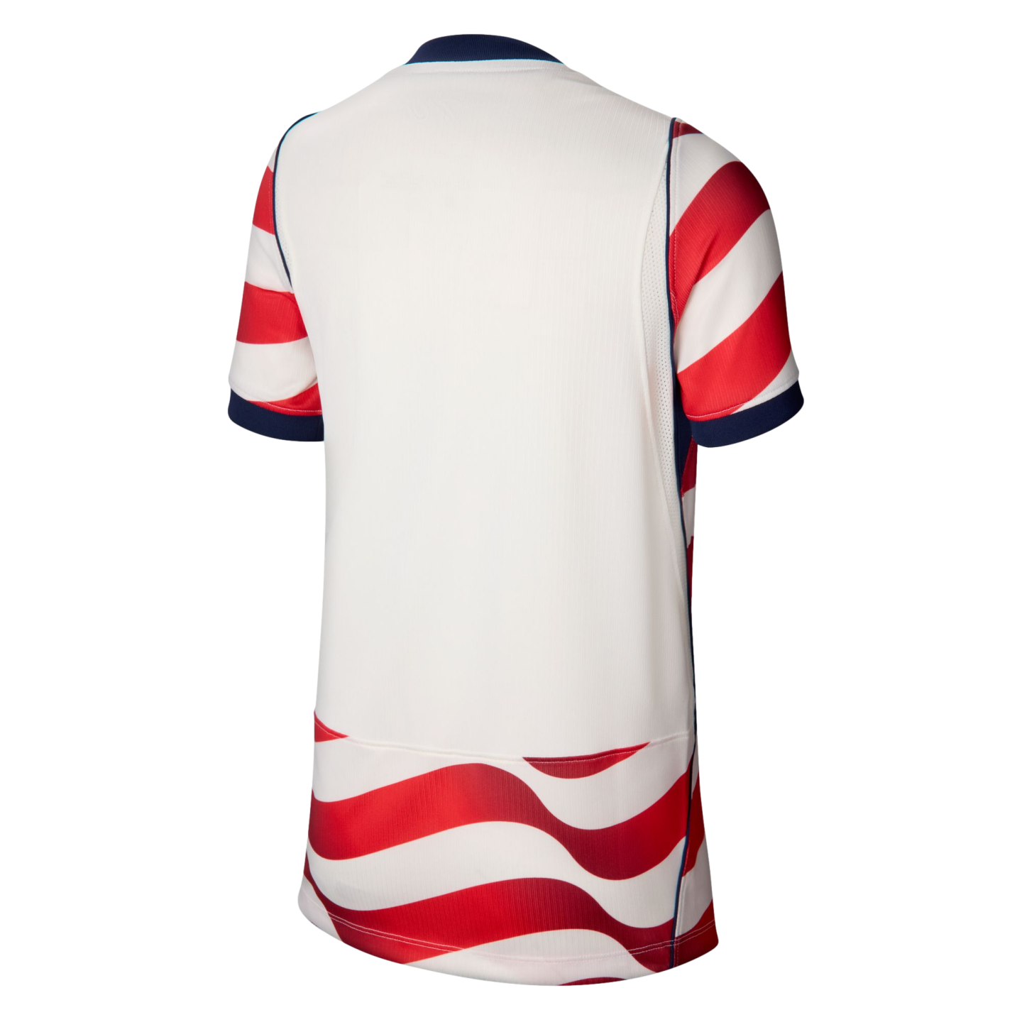 Back view of a white soccer jersey with red and white striped sleeves and a wavy striped bottom panel. Features navy blue trim on the collar and cuffs.