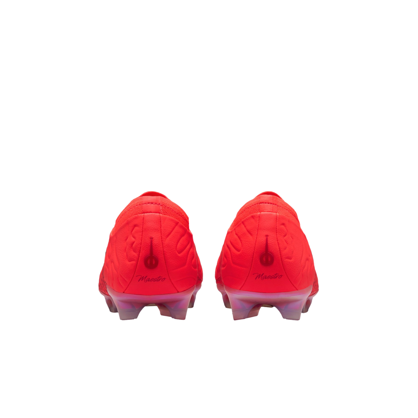 Rear view of vibrant red soccer cleats with cursive "Maestro" text on the heels, on a black background.
