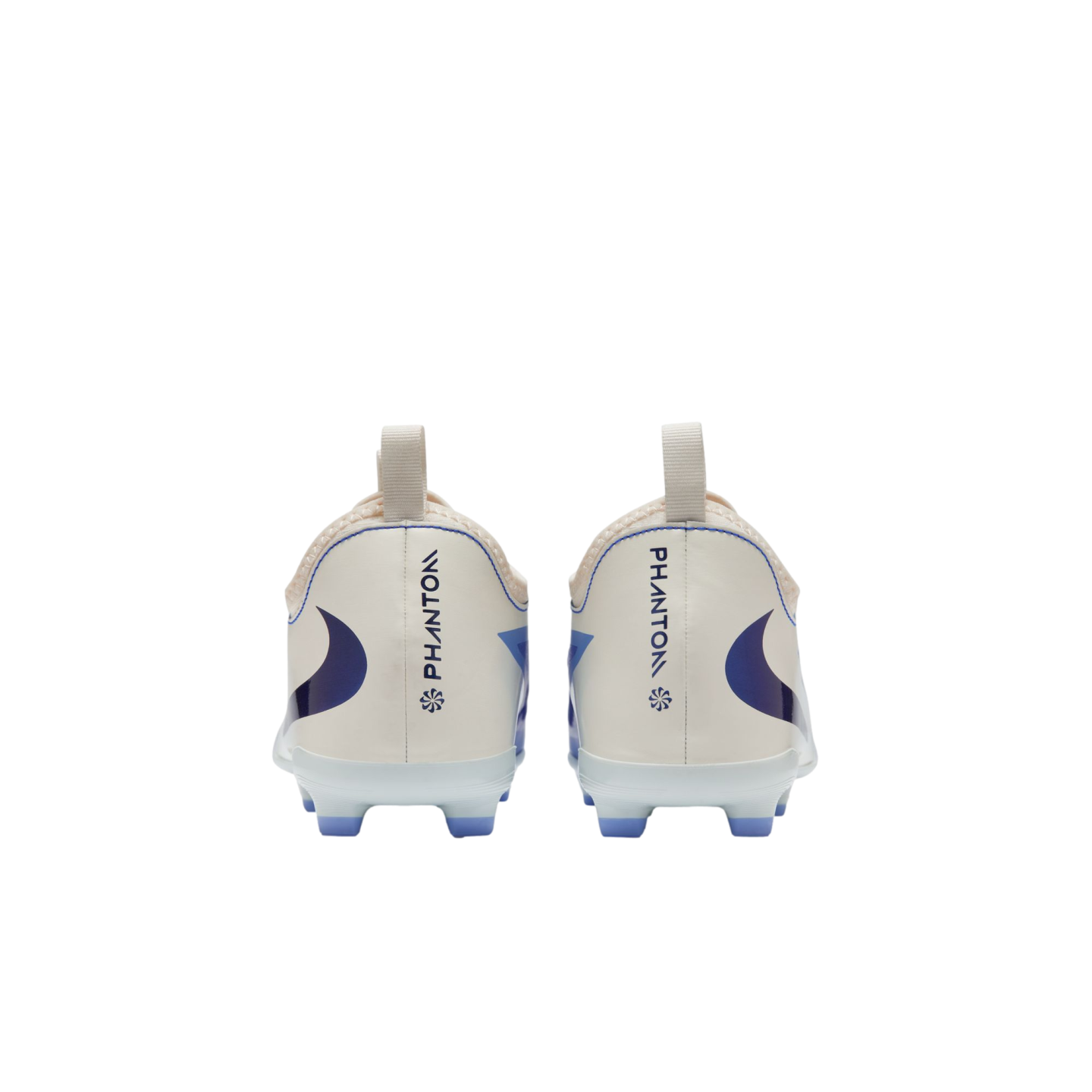 Rear view of white Nike Phantom soccer cleats with blue accents and 'PHANTOM' branding on the heels, against a black background.