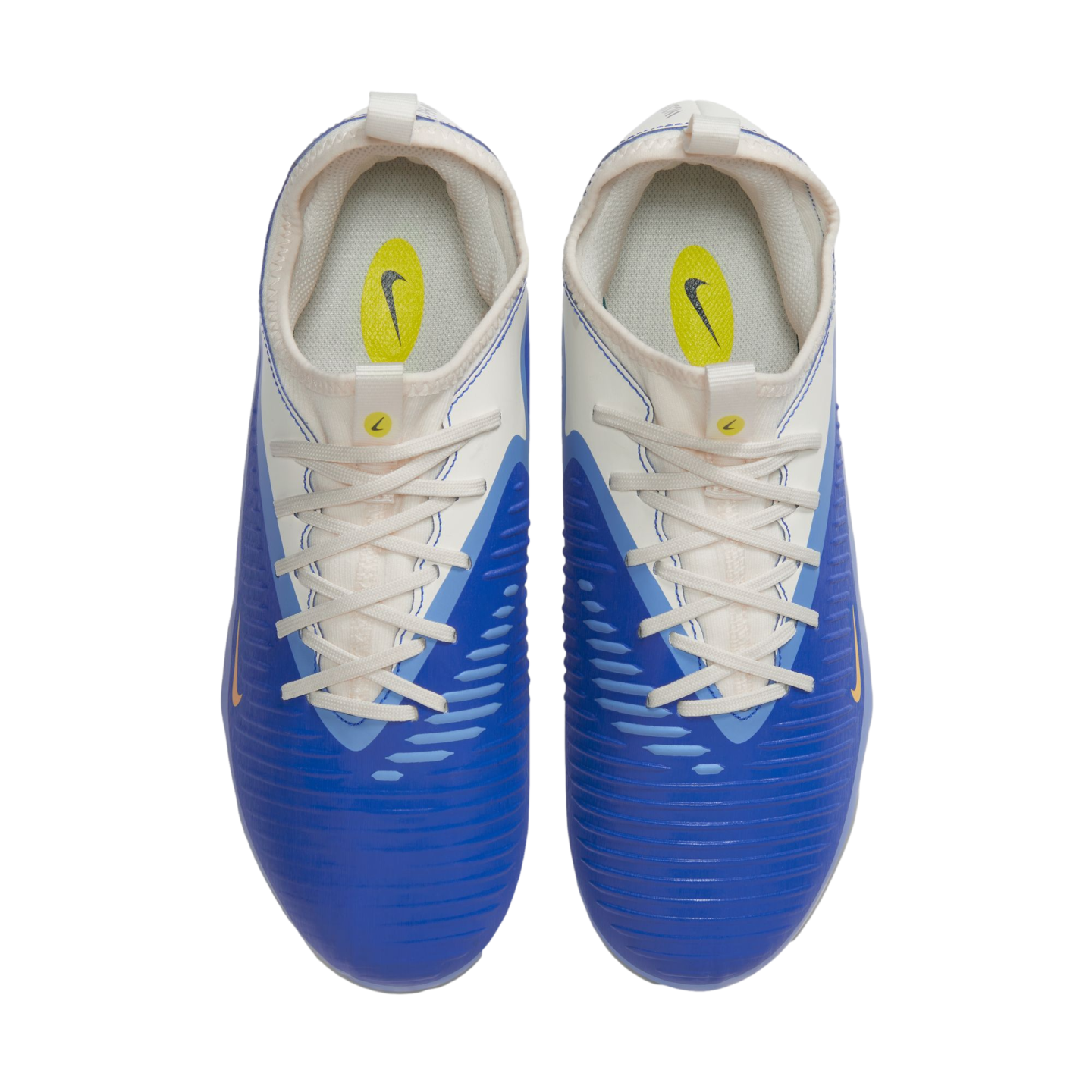 Top-down view of blue and white Nike athletic shoes with white laces on a black background.