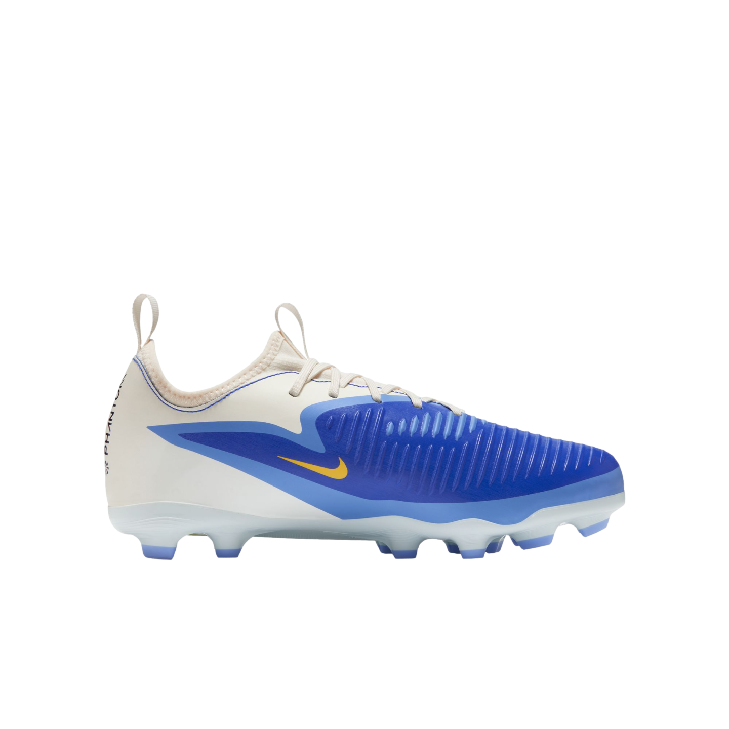 Side view of a white and blue Nike Phantom GT2 Academy soccer cleat with a yellow swoosh against a black background.