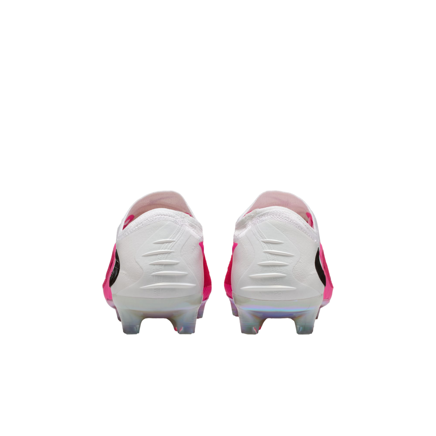 A rear view of a pair of white Nike soccer cleats with vibrant pink side panels and iridescent soleplates.
