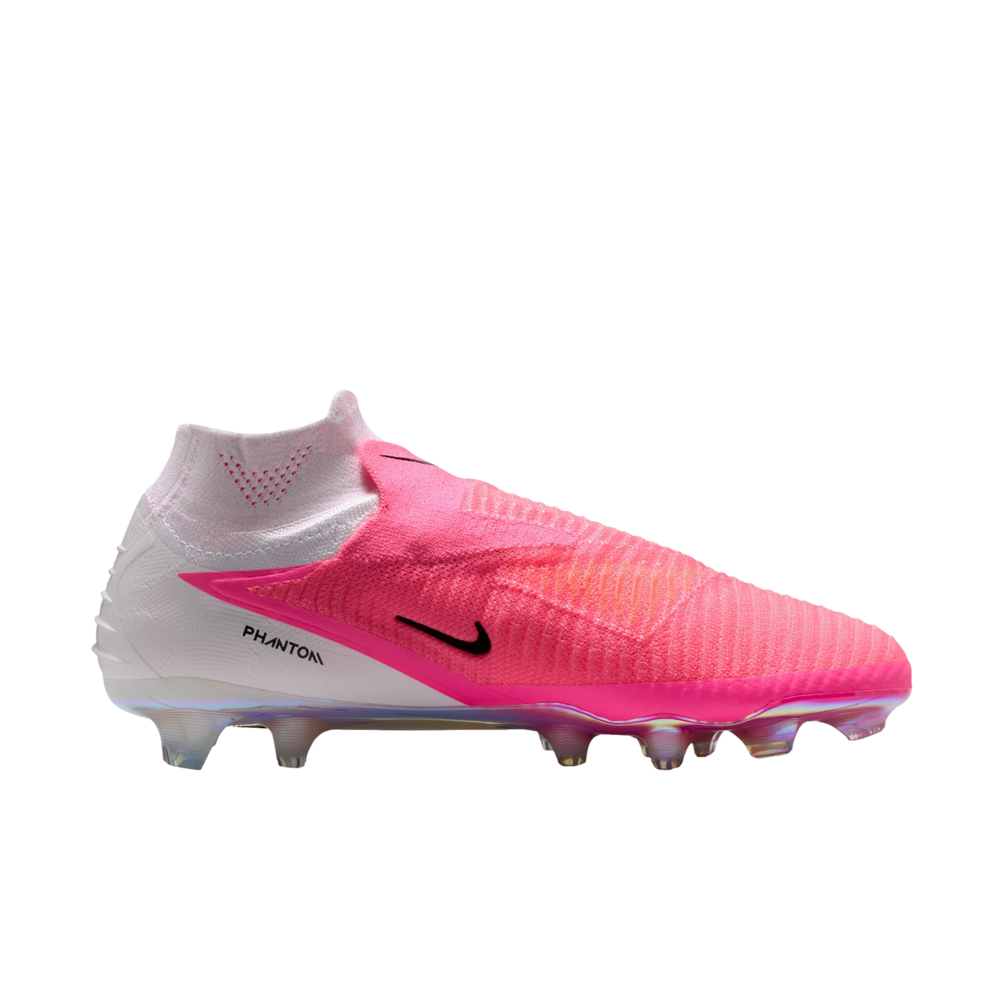A side view of a pink and white Nike Phantom laceless soccer cleat with a high-top collar and iridescent studs.