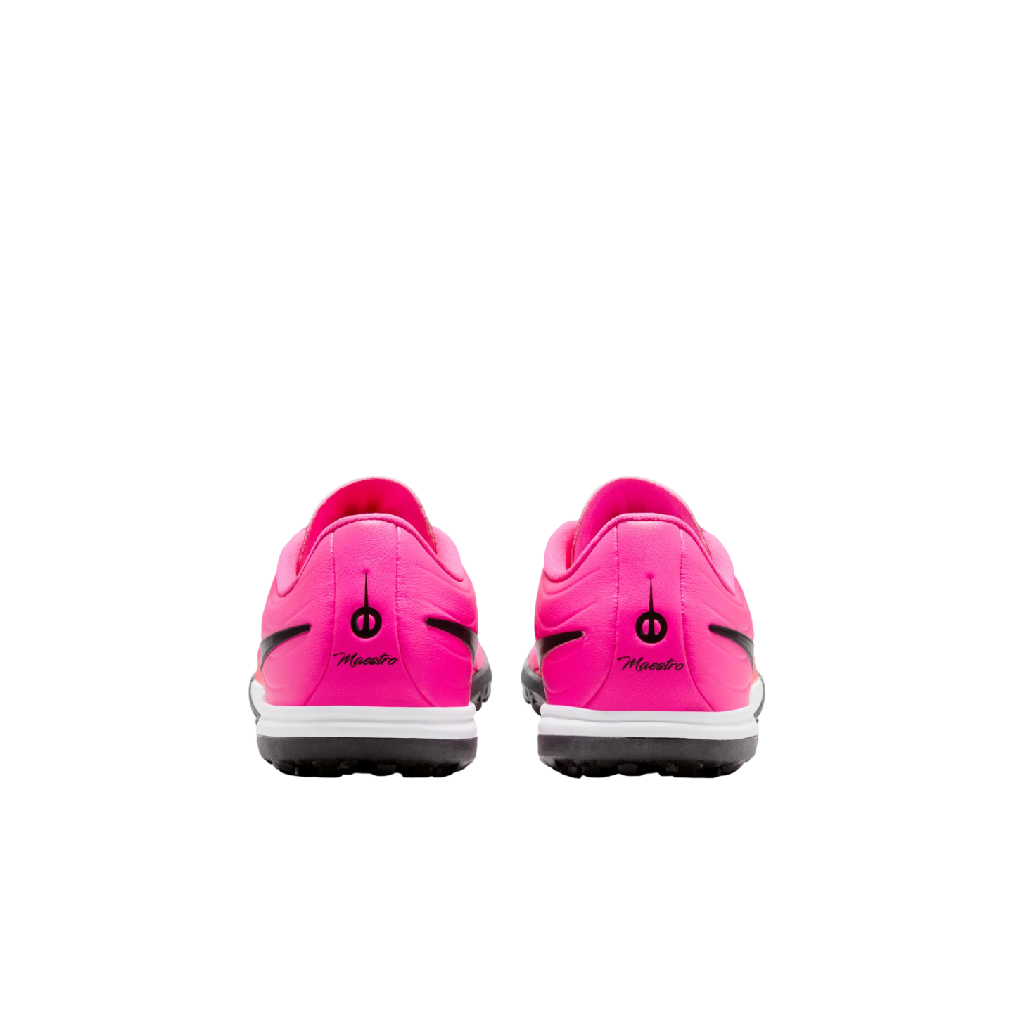 Rear view of a pair of bright pink athletic shoes with white midsoles and black script reading 'Maestro' on the heels.