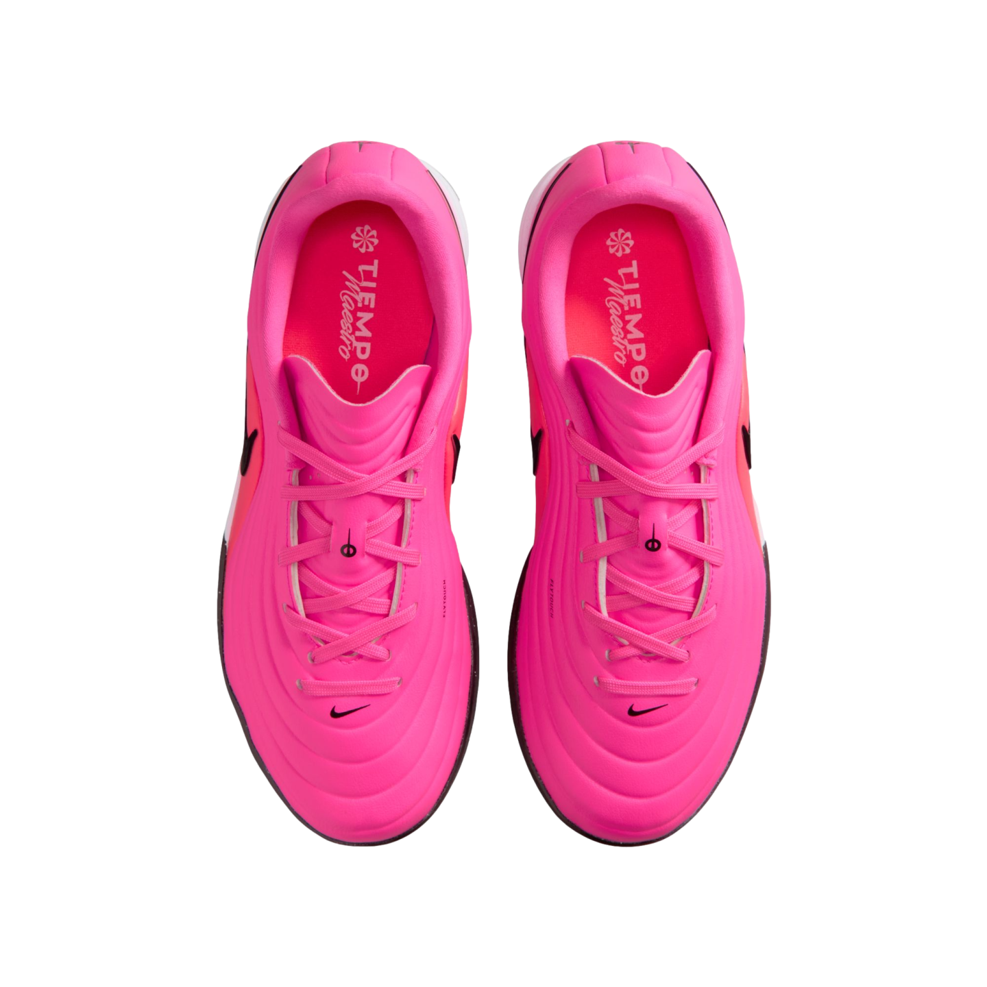 Top-down view of a pair of neon pink Nike Tiempo soccer shoes with matching laces and insoles featuring the "TIEMPO Maestro" logo.