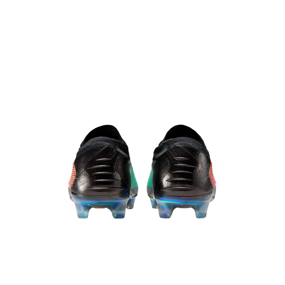Rear view of black soccer cleats featuring iridescent soles and textured heels, set against a plain white background.