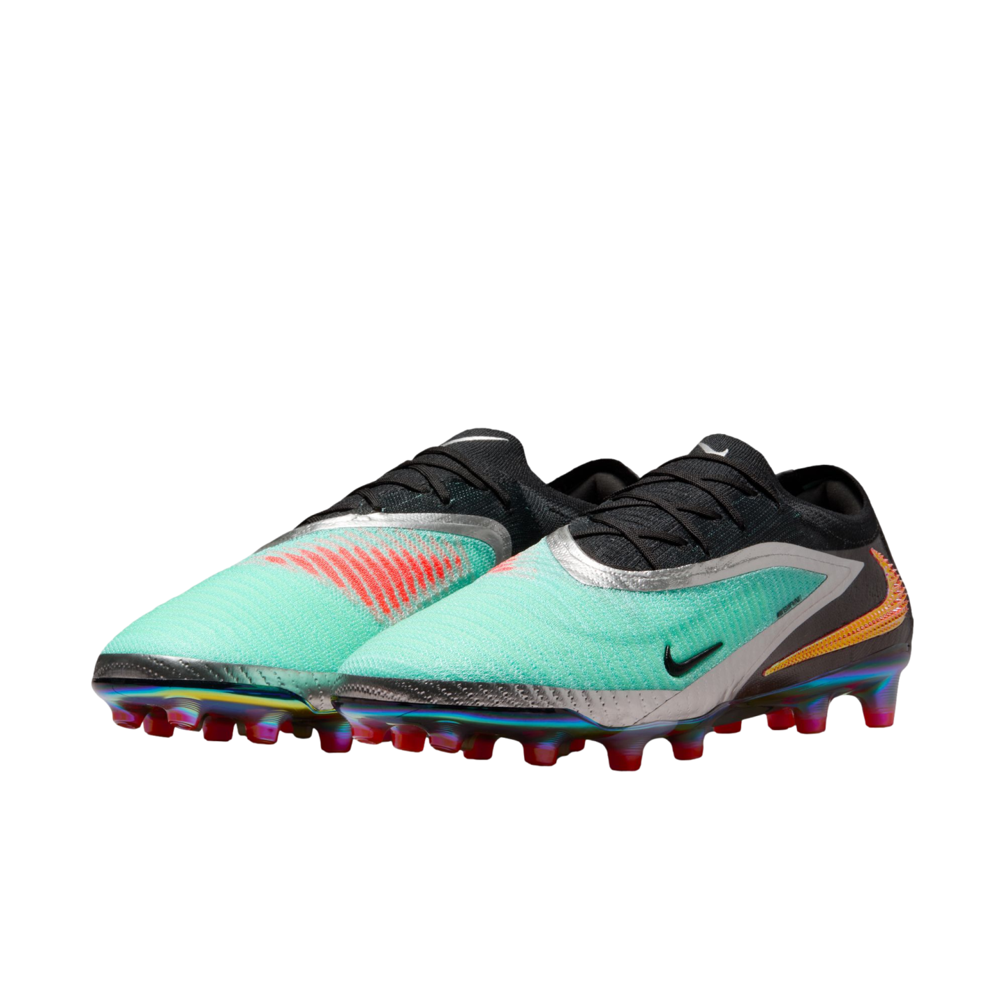 Pair of teal and black Nike Phantom GX soccer cleats featuring silver trim and an iridescent rainbow soleplate on a white background.