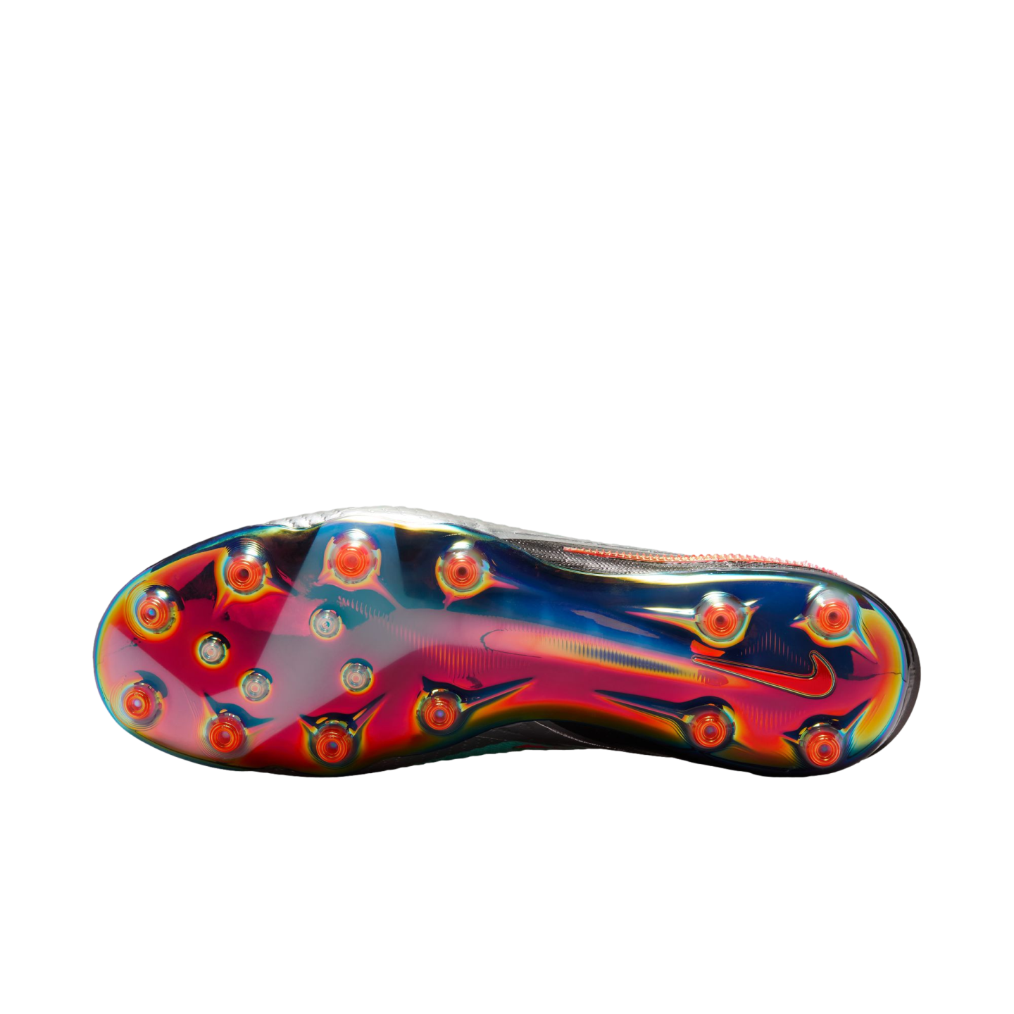 The iridescent, multi-colored sole of a Nike soccer cleat featuring circular orange studs and a small red swoosh.