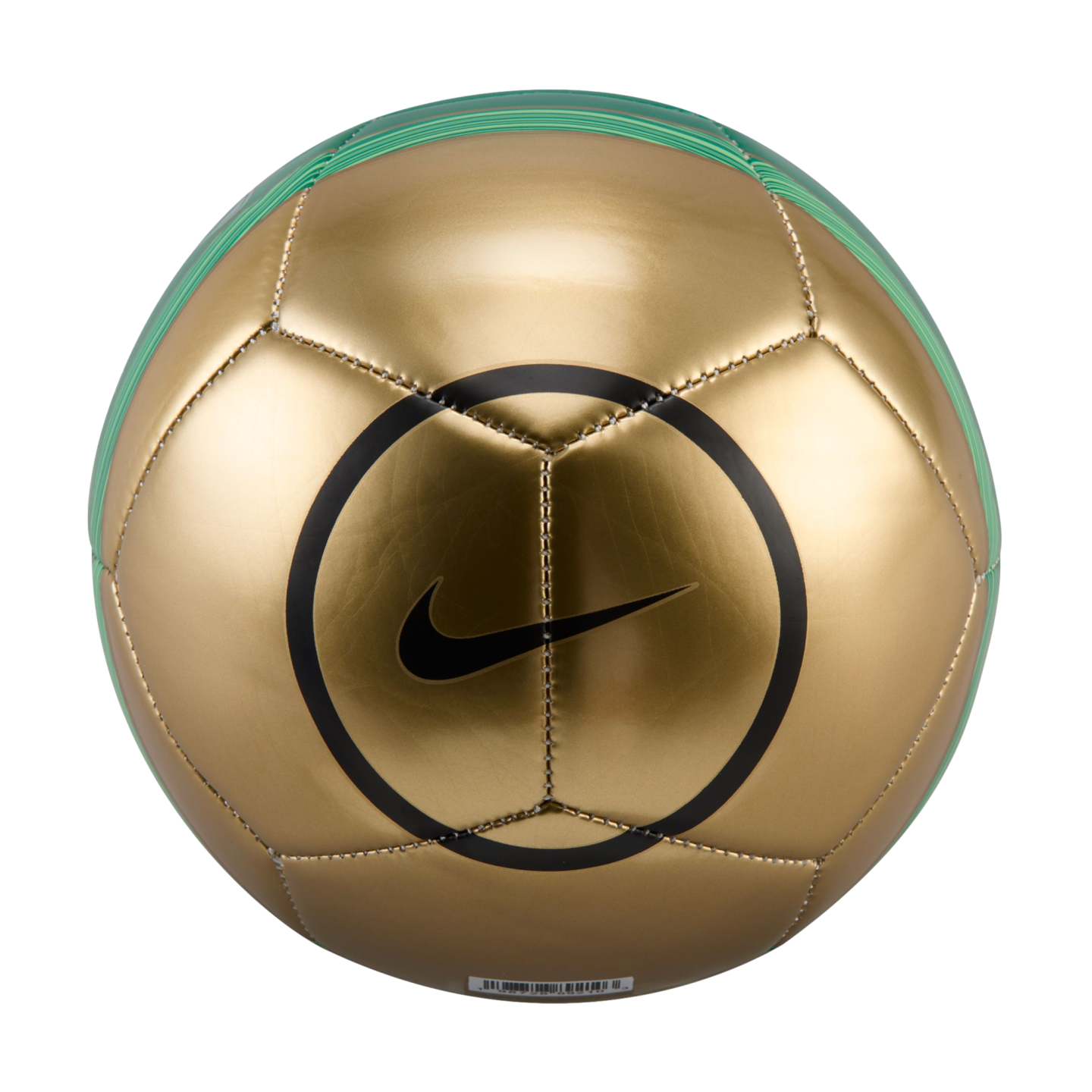 A metallic gold Nike soccer ball with a black swoosh and green accents against a black background.