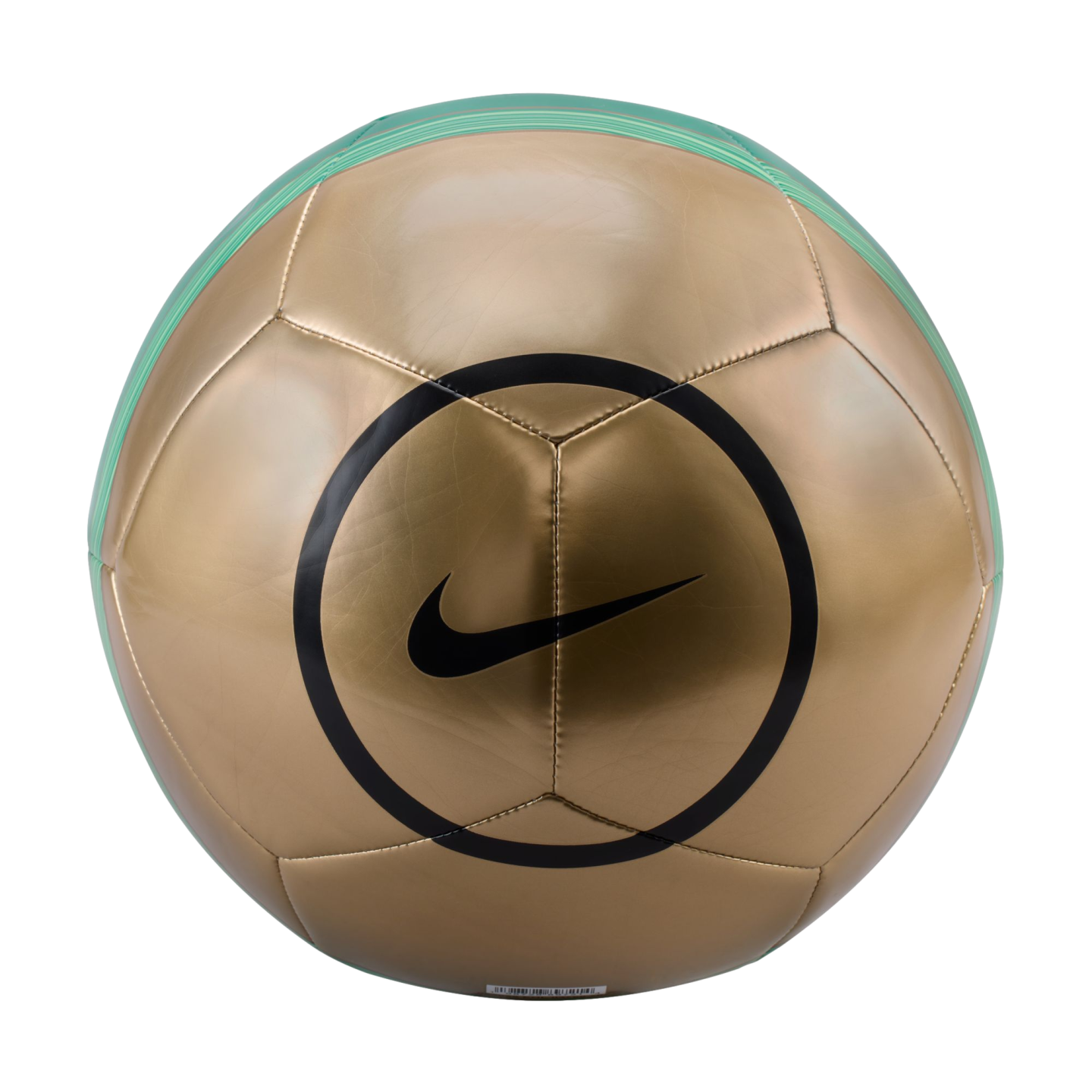 A gold metallic Nike soccer ball with a black swoosh logo inside a black circle, centered against a solid black background.