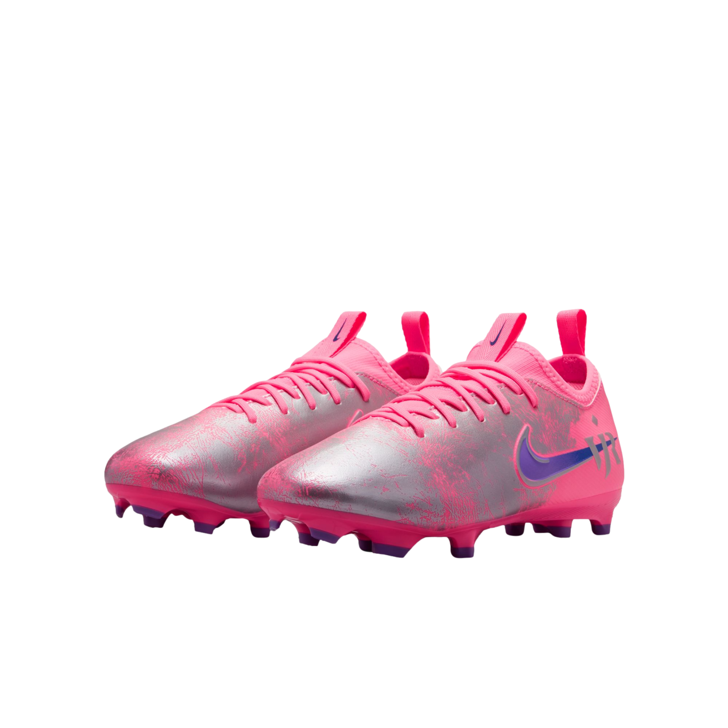 Pair of pink and metallic silver Nike soccer cleats with purple accents and Neymar Jr logo on a black background.