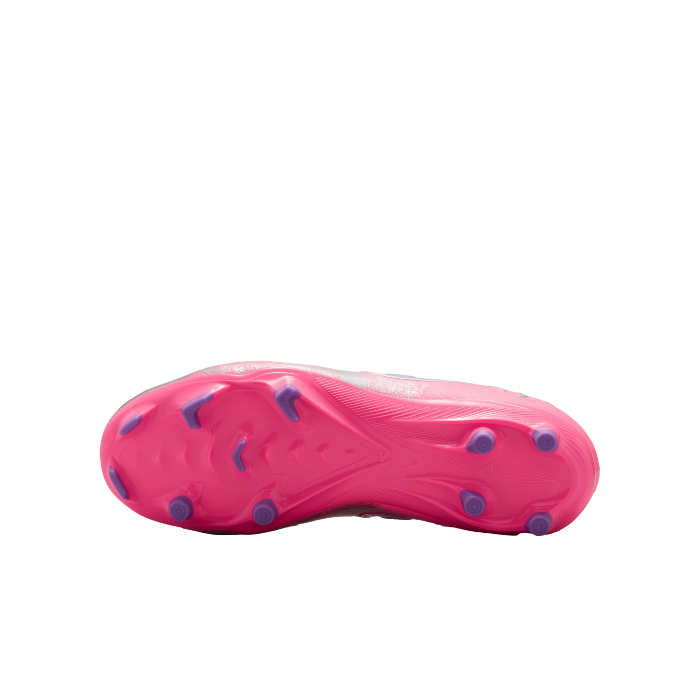 Bottom view of a pink soccer cleat showing its soleplate and purple studs against a black background.
