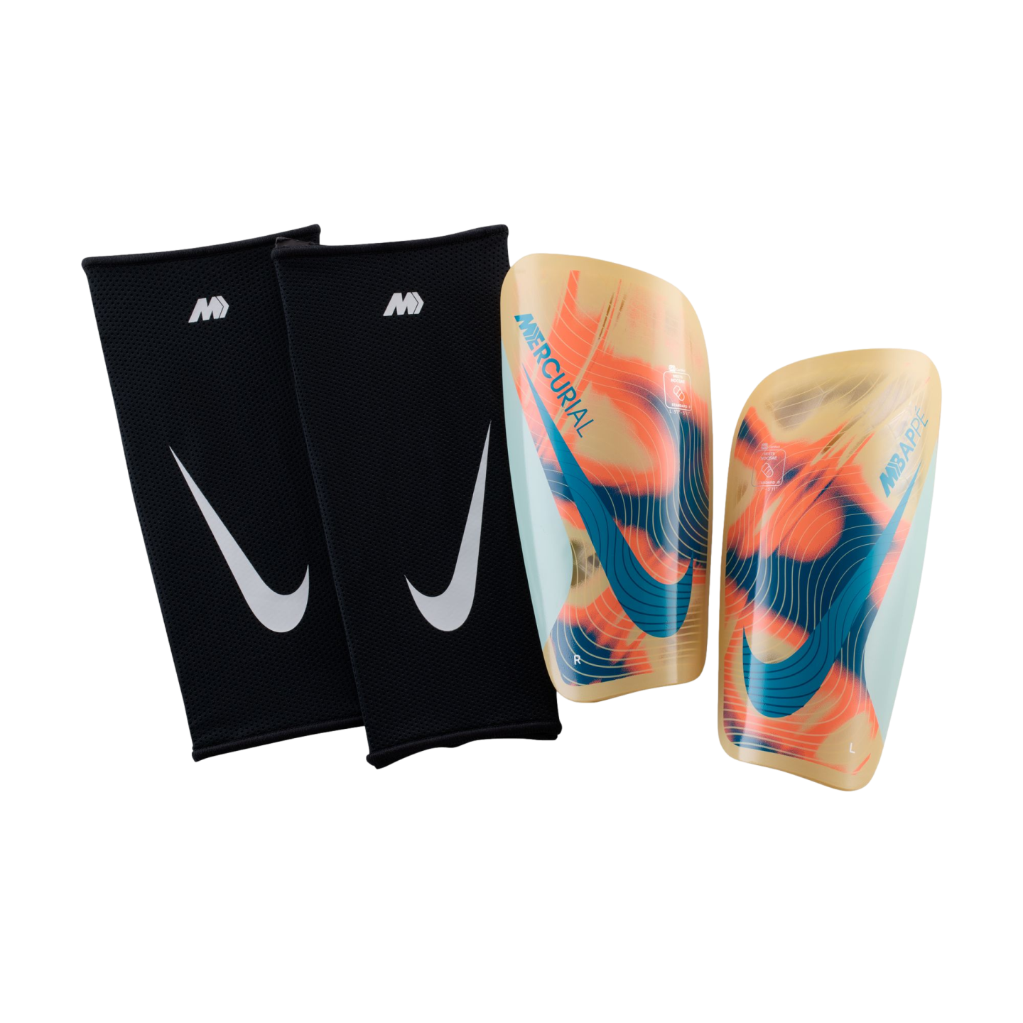 Nike Mercurial Mbappe shin guards with vibrant orange and teal graphics alongside two black Nike compression sleeves, set against a solid black background.