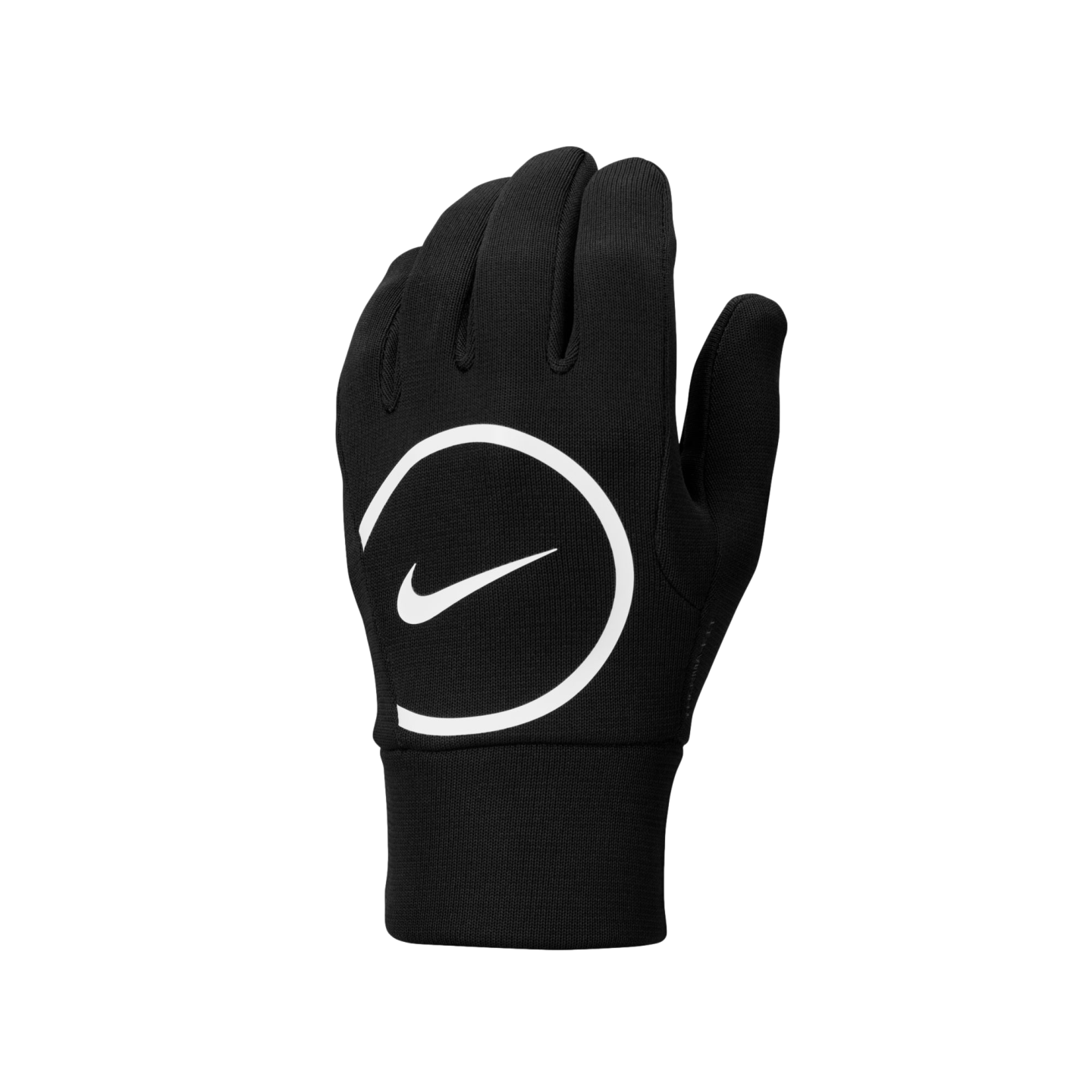 A black Nike glove with a white circular logo containing a swoosh on the back of the hand, shown against a black background.
