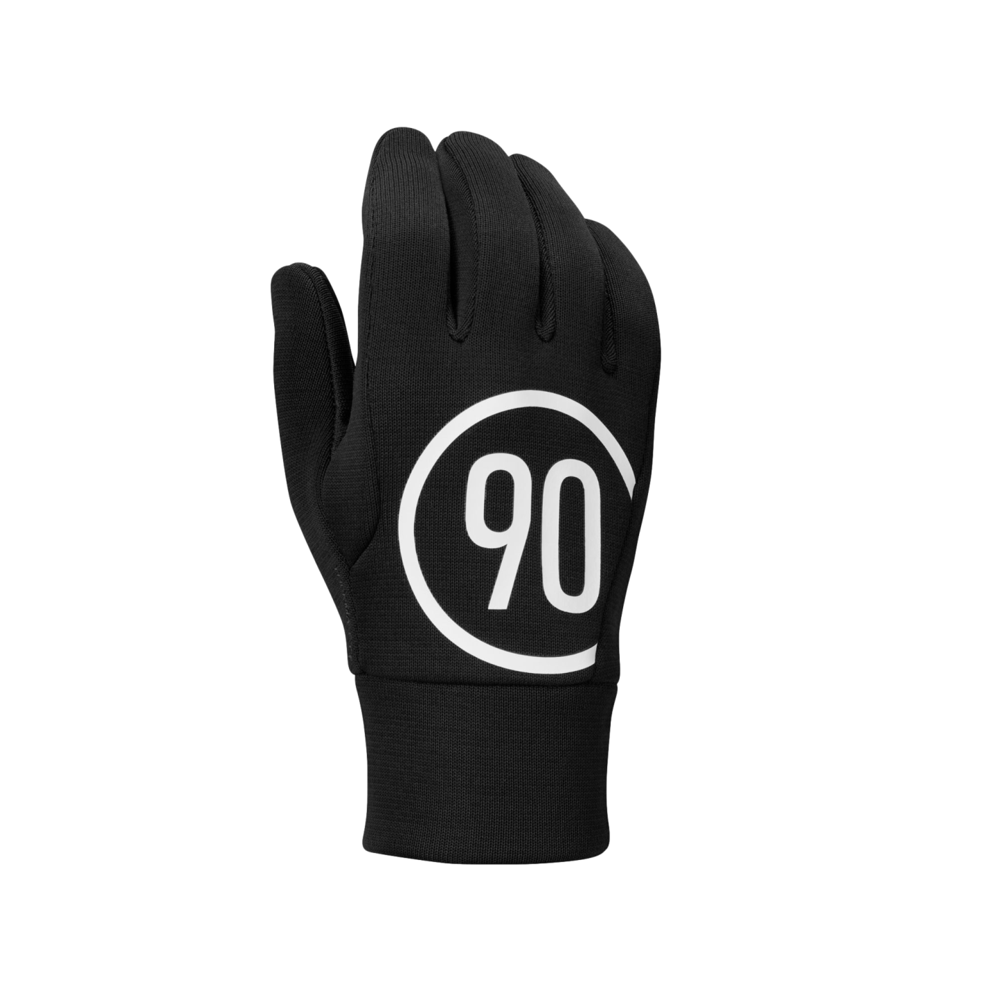 A black right-hand glove with a white "90" logo in a partial circle on the back and a ribbed cuff.