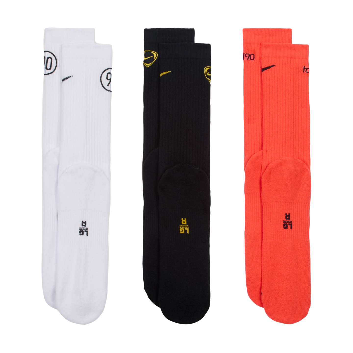 Three pairs of Nike T90 crew socks in white, black, and red, featuring small logos and size markings, arranged vertically on a black background.