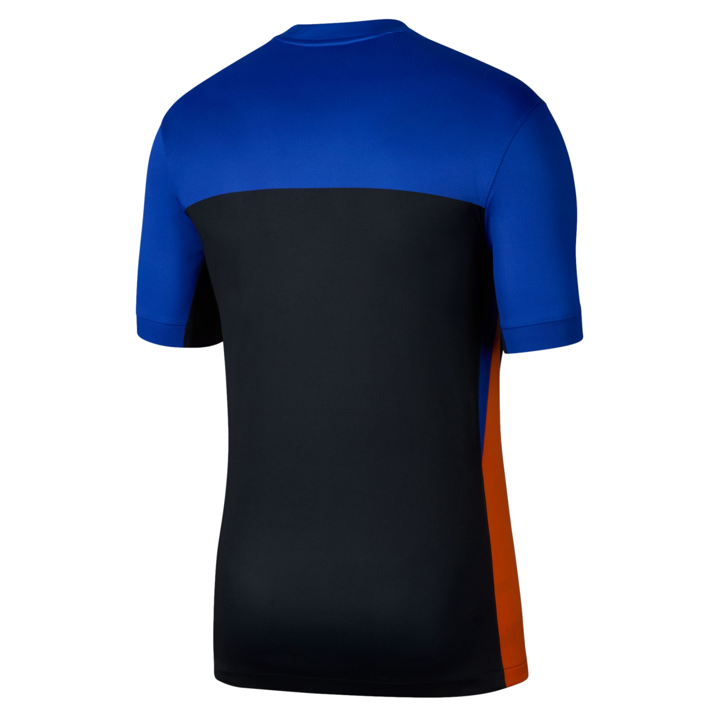 Back view of a blue and black short-sleeved sports jersey with an orange side panel on a black background.
