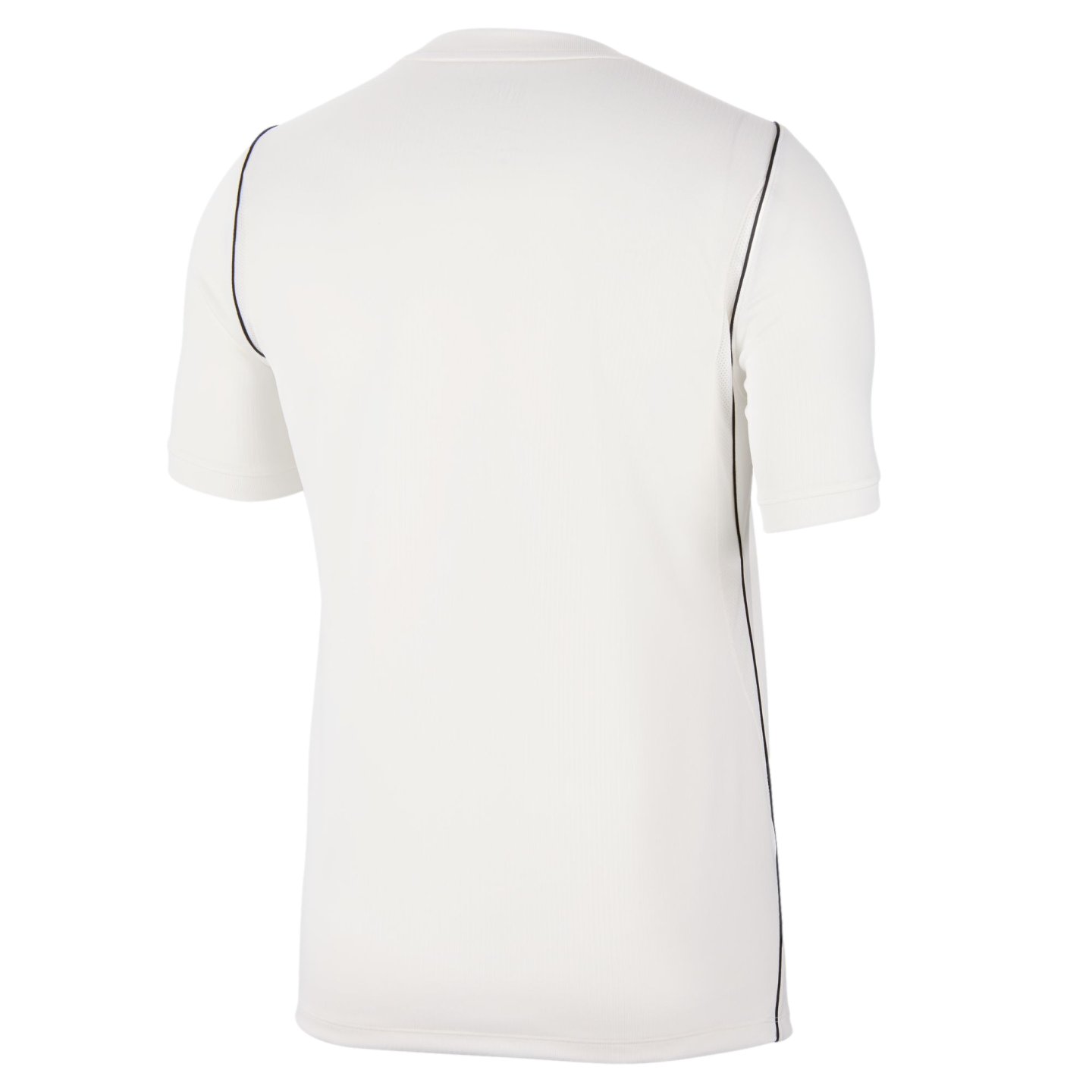 Back view of a white short-sleeve athletic shirt with thin dark lines along the side seams, displayed on a black background.