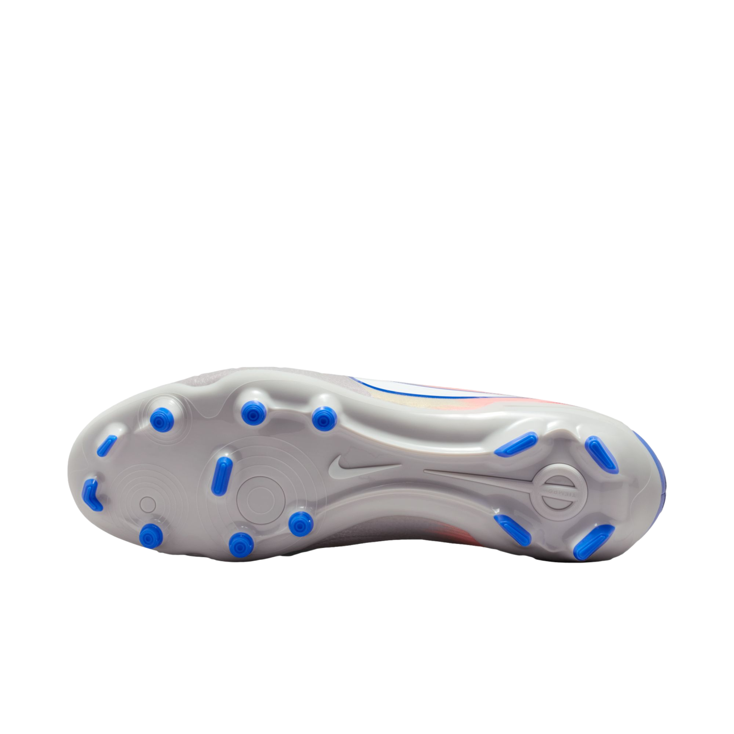Sole of a white Nike soccer shoe with bright blue studs, set against a black background.