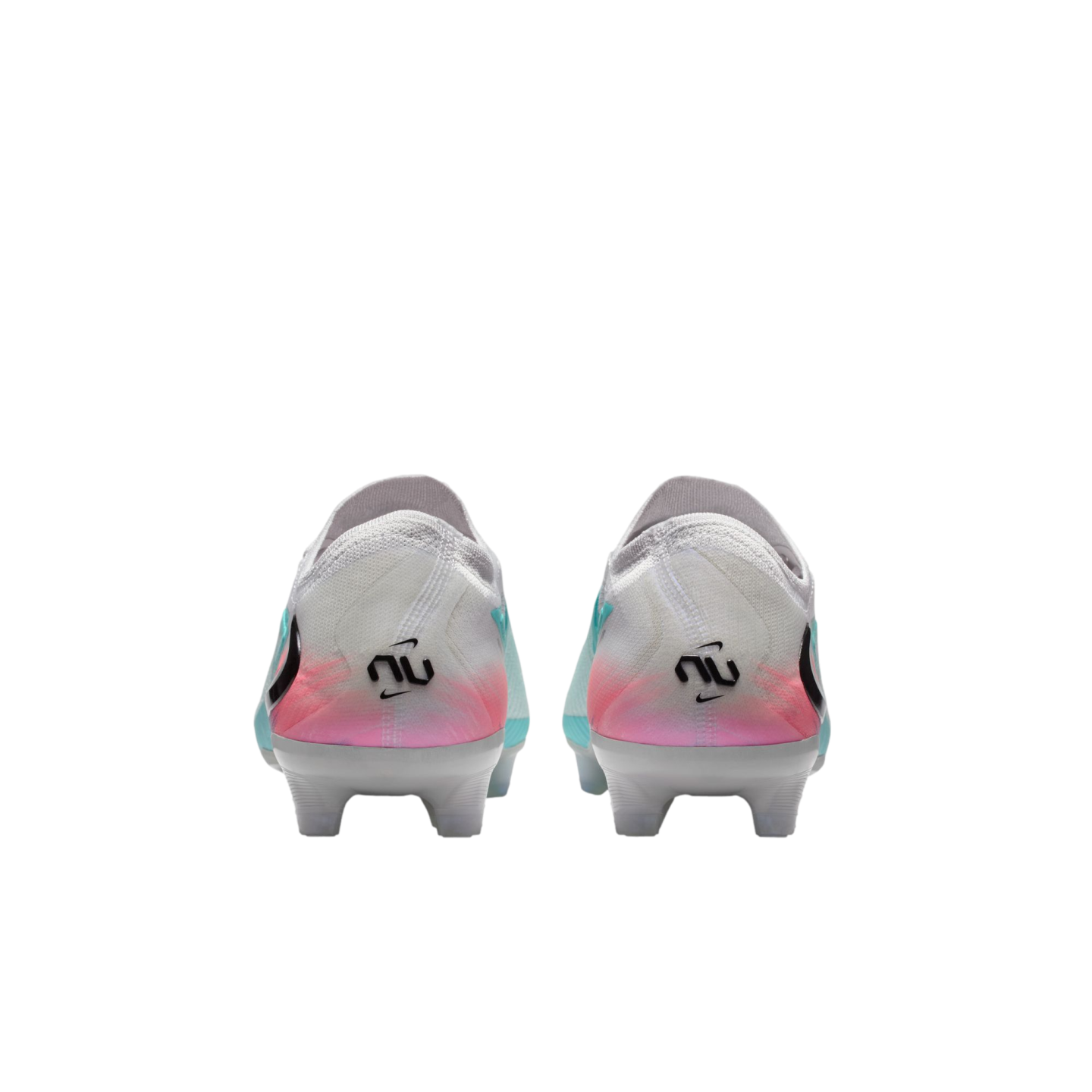 Rear view of two white Nike soccer cleats with pink and teal accents and black logos on the heels, set against a black background.