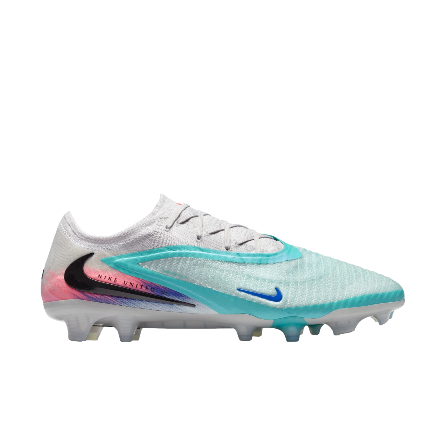 Profile view of a Nike soccer cleat featuring a white knit upper, teal overlays, a black swoosh, and pink accents on a black background.