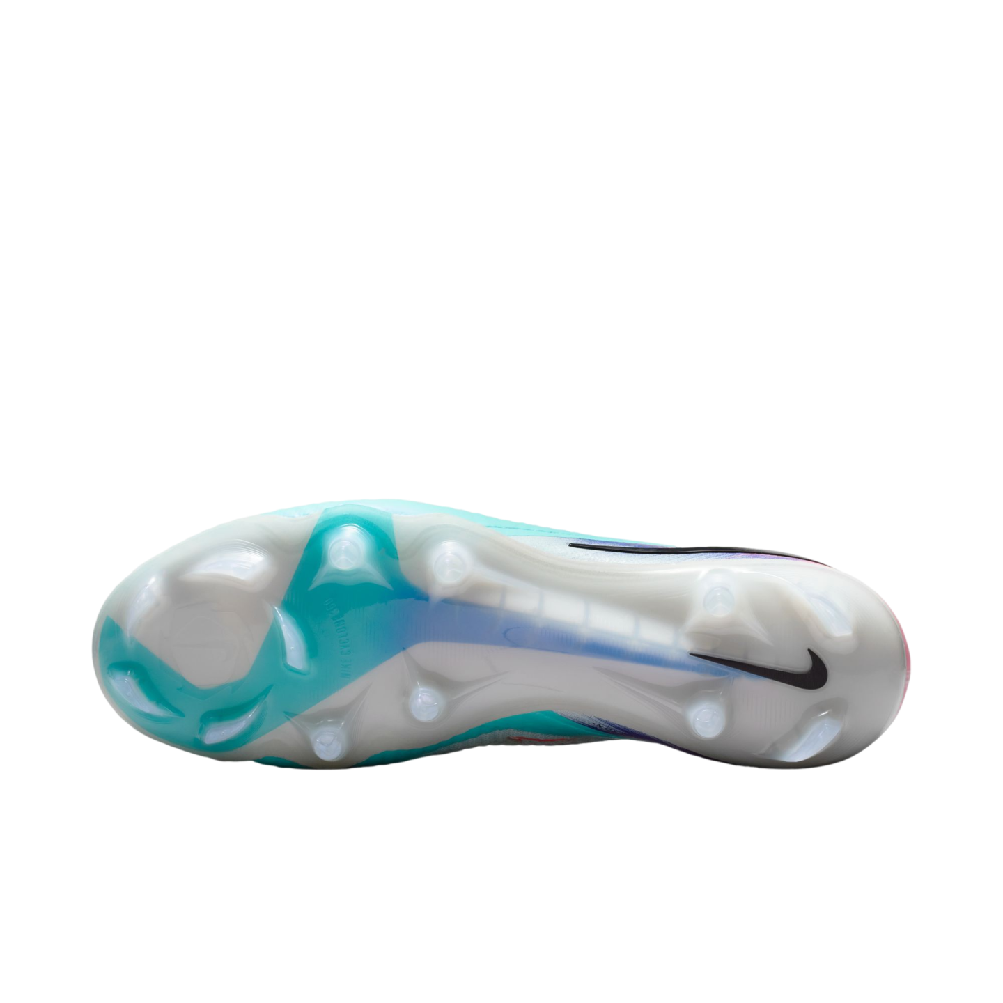 Underside of a white and teal Nike soccer cleat, showing the soleplate and stud pattern against a black background.