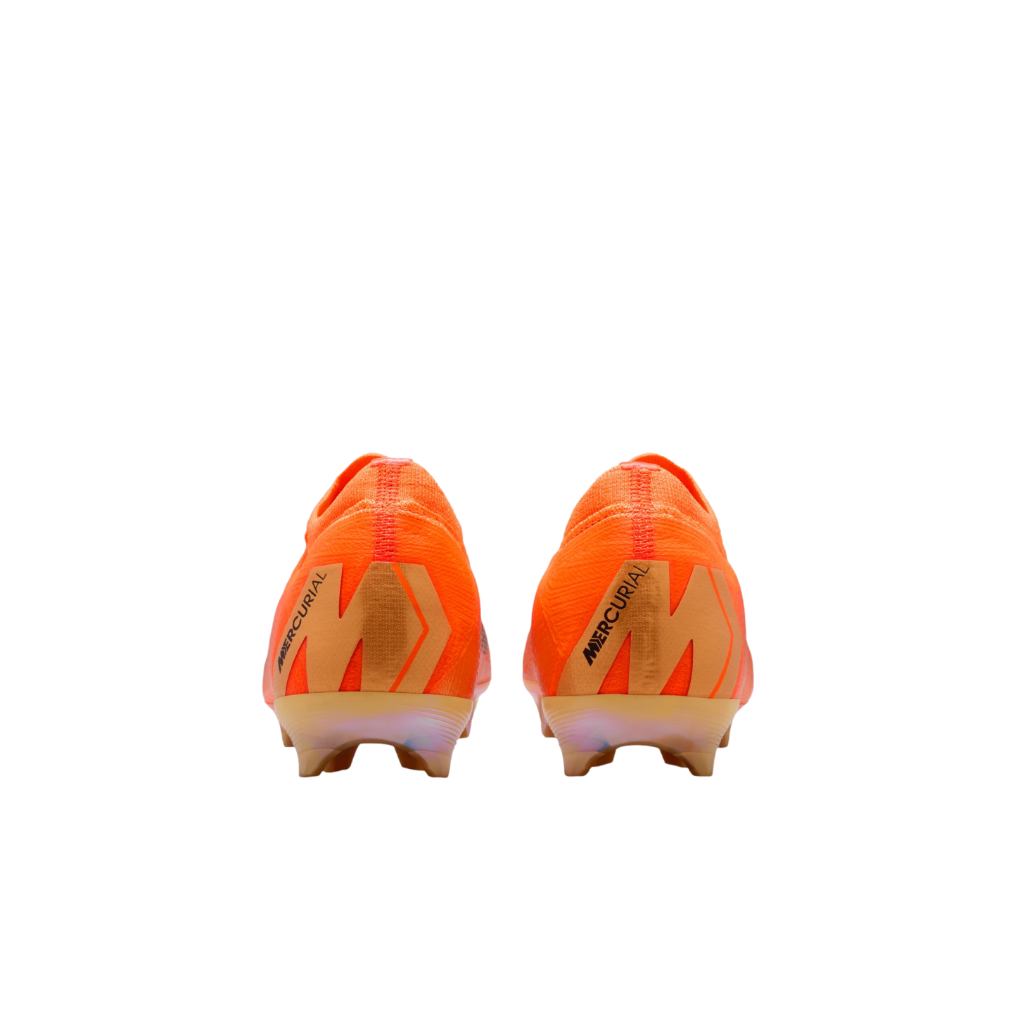 Rear view of bright orange Nike Mercurial soccer cleats with gold "M" logos on the heels, set against a black background.