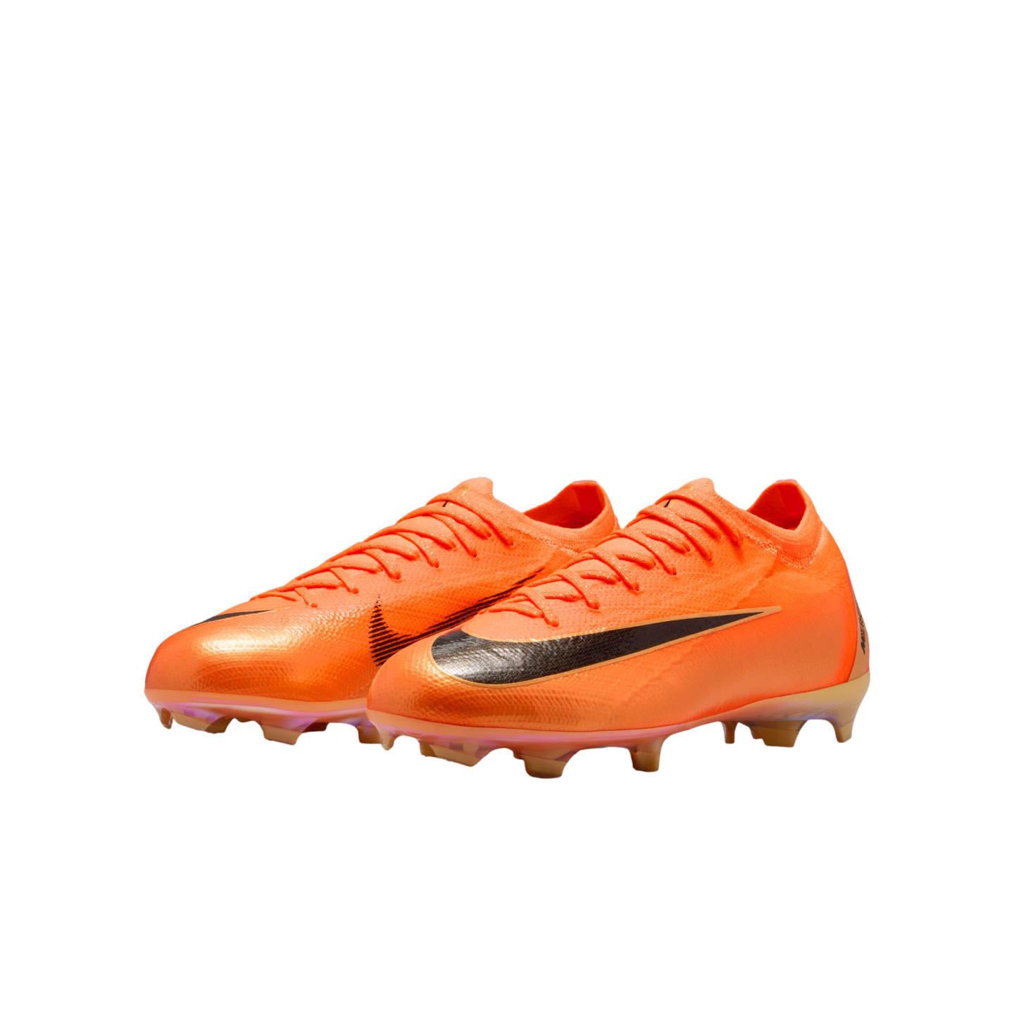 A pair of vibrant orange Nike Mercurial soccer cleats with prominent black Nike swooshes, shown against a plain black background.