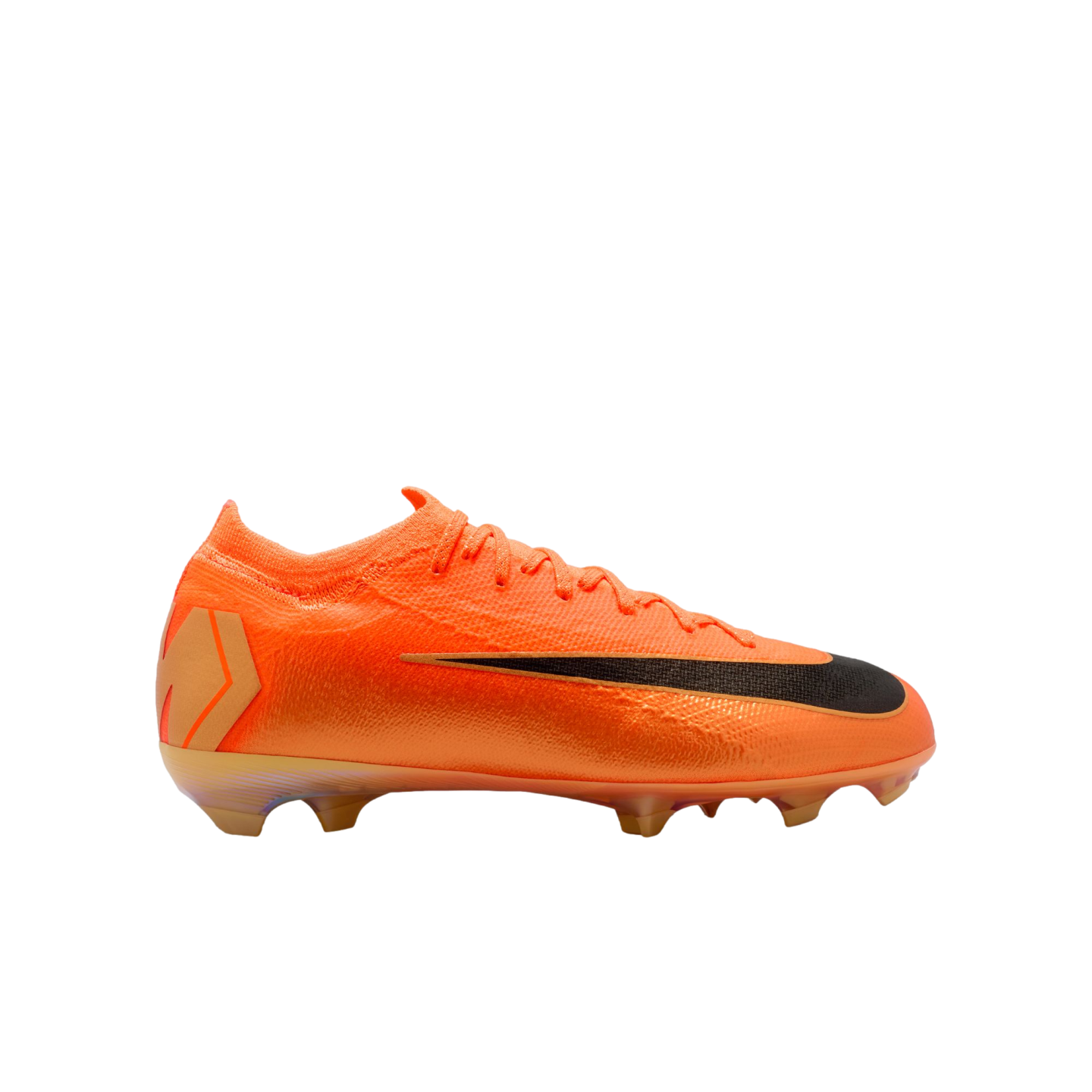 Bright orange Nike Mercurial soccer cleat with a black swoosh on the side, displayed against a solid black background.