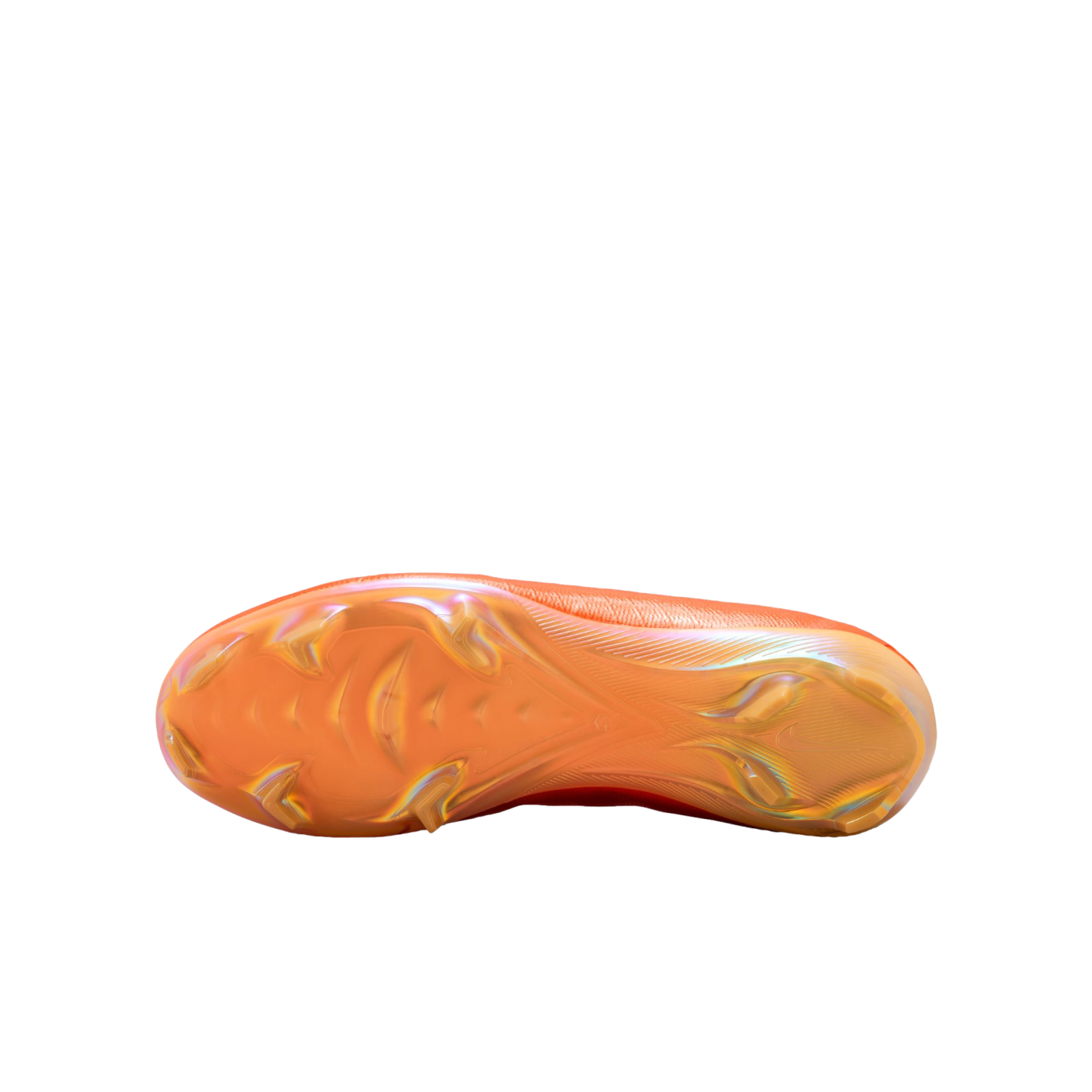 Bottom view of a vibrant orange iridescent Nike soccer cleat with molded studs, isolated against a solid black background.
