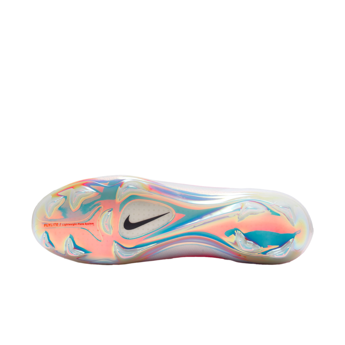 Iridescent, multi-color sole of a Nike soccer cleat with a black swoosh and molded studs. Text on the plate reads "FLYLITE | Lightweight Plate System."