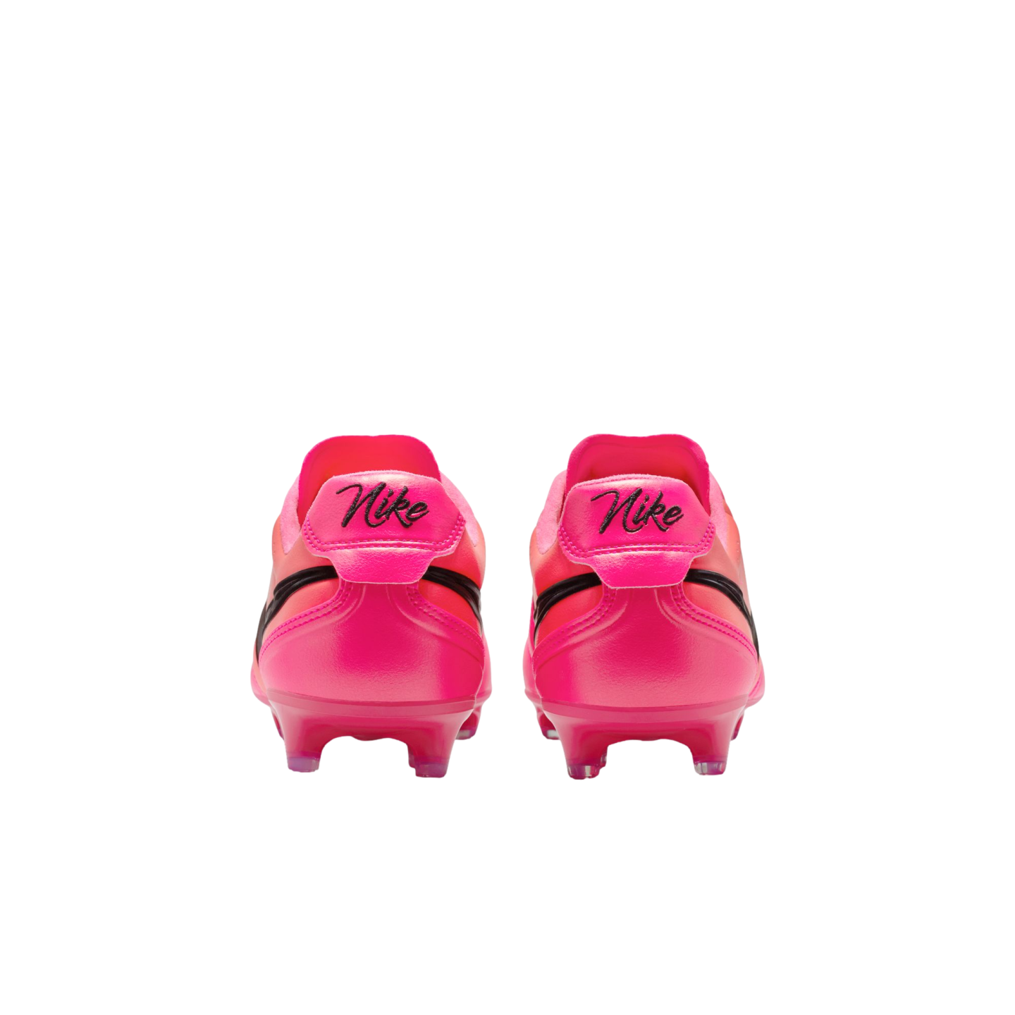 Back view of two bright pink Nike soccer cleats against a white background. Each heel features a cursive Nike logo in black above pink studs on the sole.