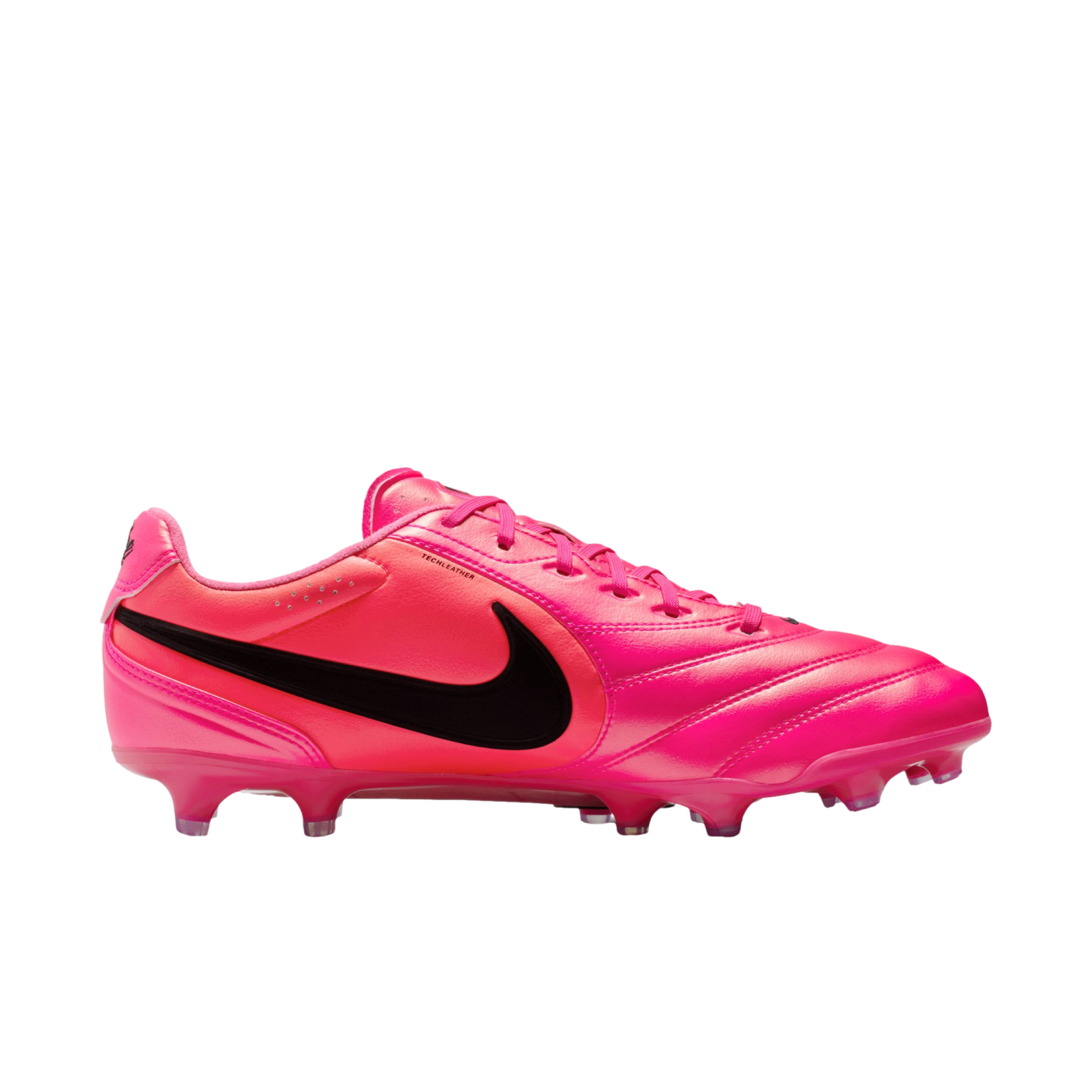 A side-profile view of a bright pink Nike soccer cleat with a large black swoosh on the side, pink laces, and pink studs.
