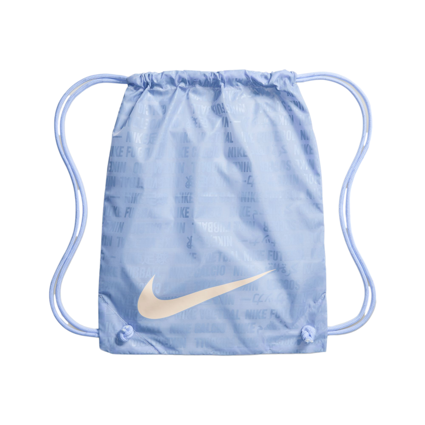 Light blue Nike drawstring bag featuring a cream swoosh and a faint, tonal repeating pattern of Nike logos and sports terms.