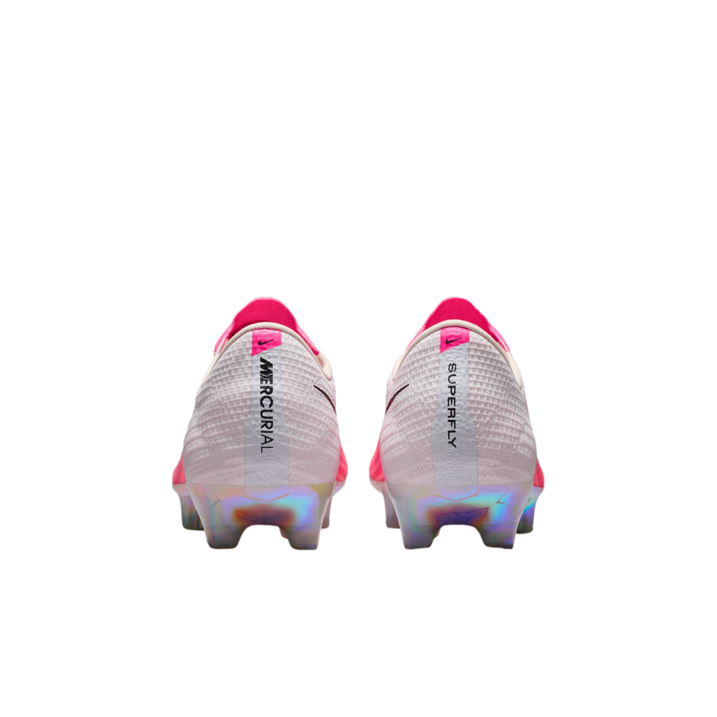 Rear view of Nike Mercurial Superfly soccer cleats featuring a white textured upper, pink accents, and iridescent heel plates. The heels show vertical 'MERCURIAL' and 'SUPERFLY' text.