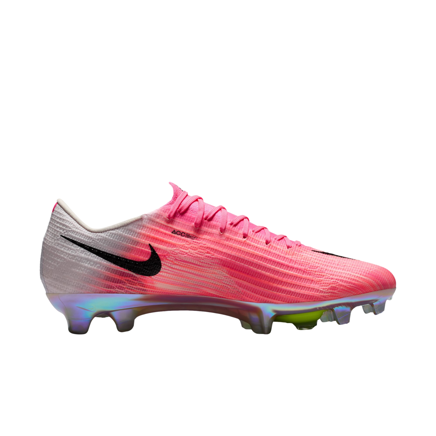 Side profile of a pink and white Nike soccer cleat with an iridescent sole plate and black swoosh.