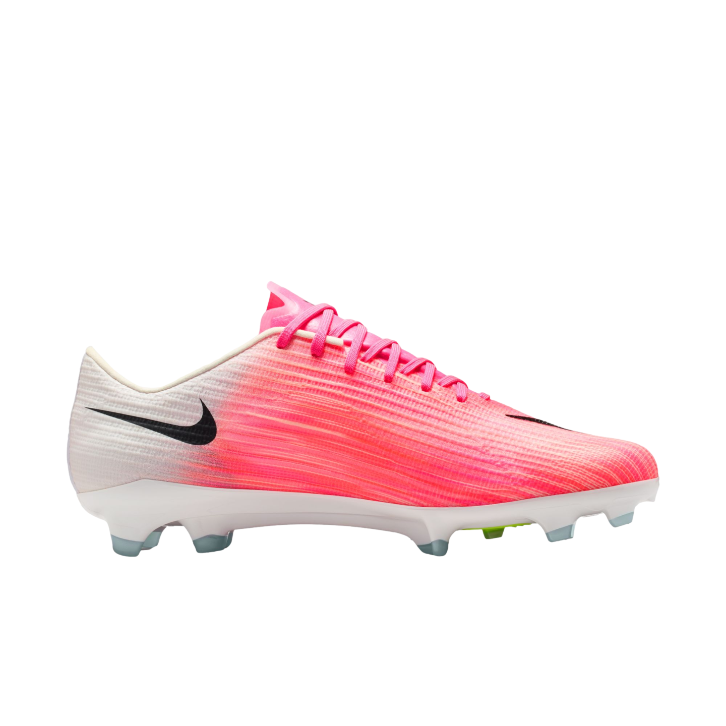 Side-view of a Nike soccer cleat with a pink-to-white gradient upper, black swoosh, pink laces, and white soleplate with clear-tipped studs on a plain white background.