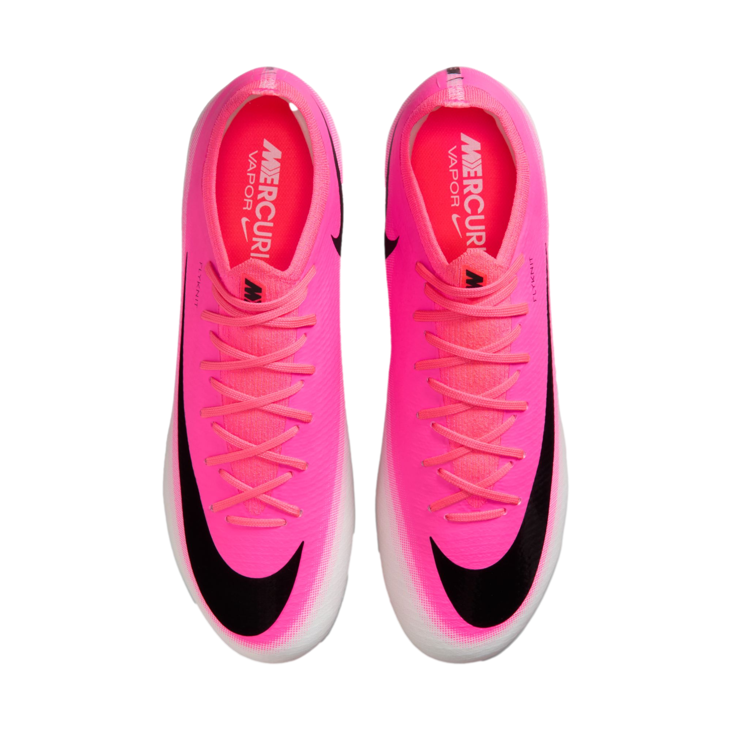 Top-down view of two bright pink Nike Mercurial Vapor soccer cleats with black swoosh logos and matching pink laces.