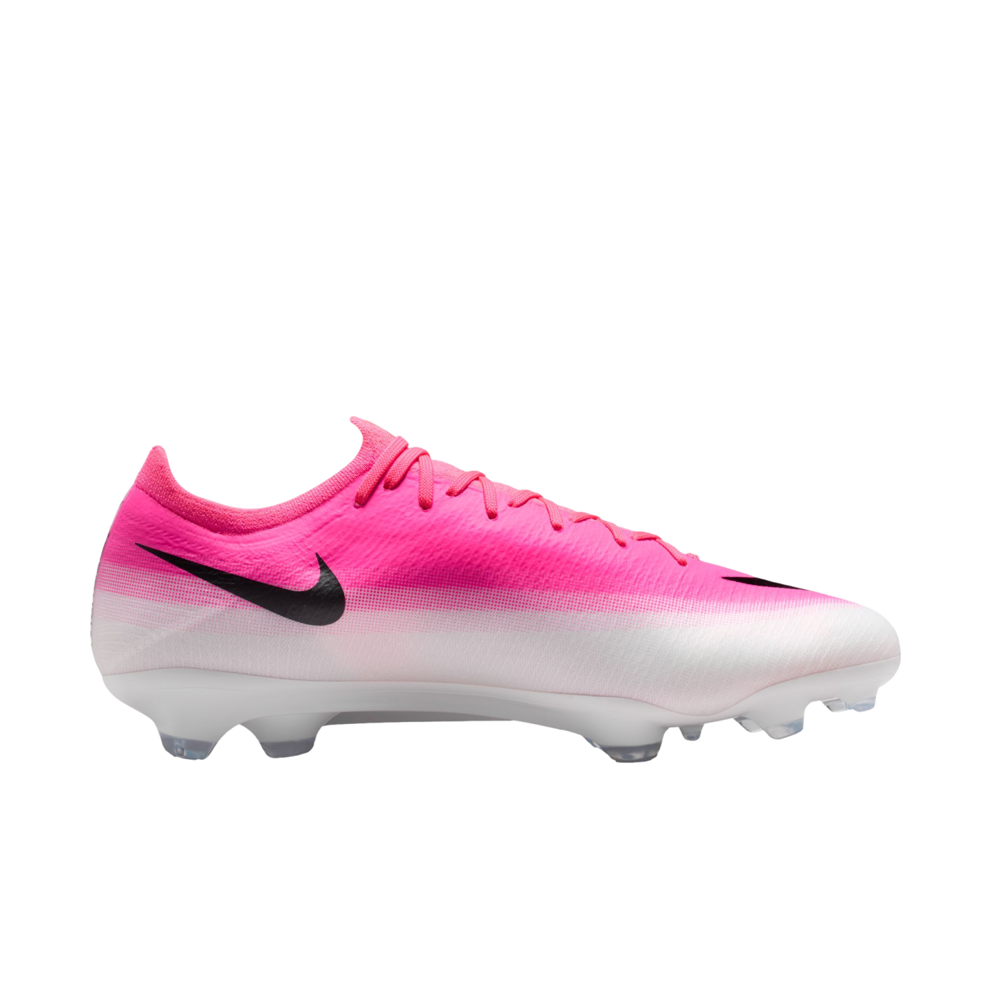 Profile view of a pink and white gradient Nike soccer cleat with a black swoosh and white studded soleplate.