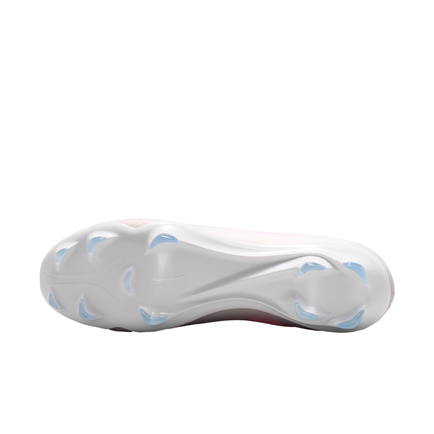Underside view of a white soccer cleat featuring a white soleplate with light blue molded studs and a Nike swoosh logo in the center.