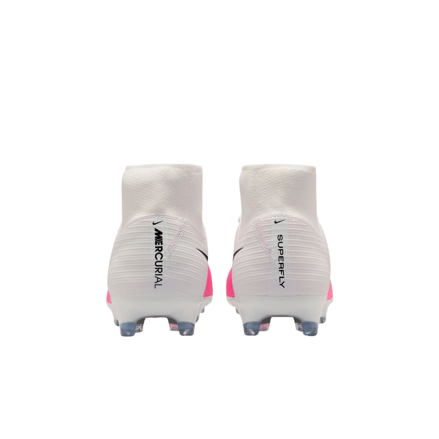 Rear view of white Nike Mercurial Superfly football boots with pink accents, showing vertical branding on the heels.