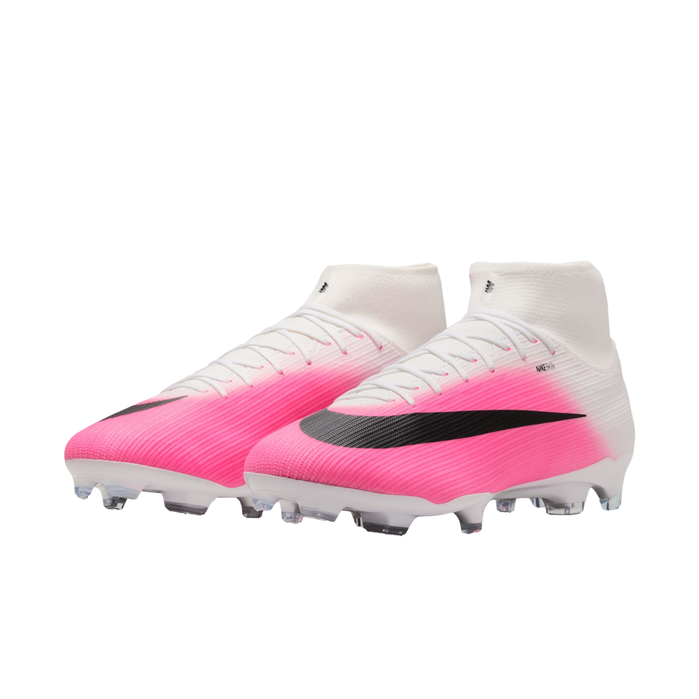 A pair of Nike soccer cleats featuring a pink and white gradient upper, black Nike swoosh, and a white sock-like collar.