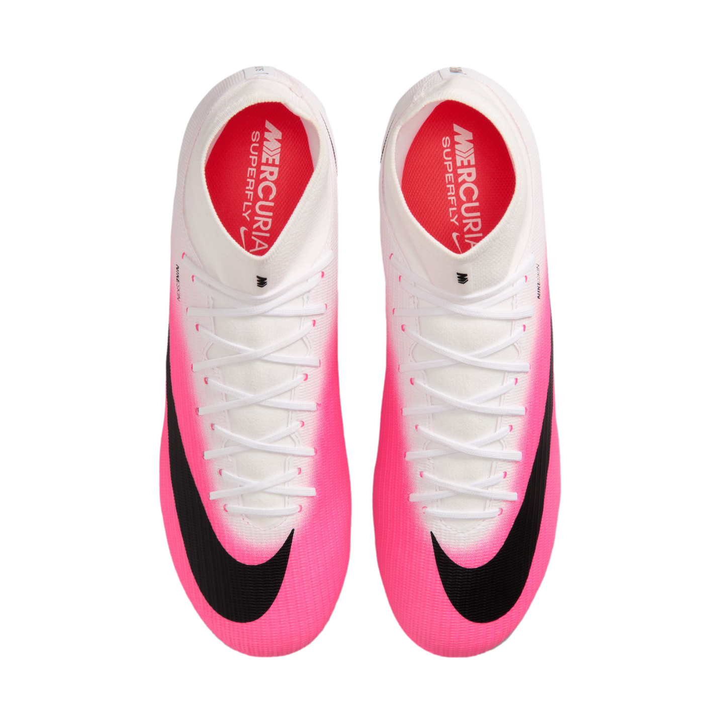 Top-down view of a pair of Nike Mercurial Superfly soccer cleats with a bright pink and white gradient upper, black Nike swooshes, and white laces.
